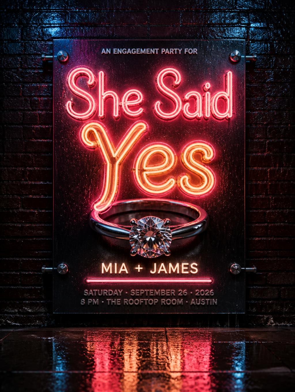 "She Said Yes
AN ENGAGEMENT PARTY FOR
MIA + JAMES
SATURDAY · SEPTEMBER 26 · 2026
8 PM · THE ROOFTOP ROOM · AUSTIN" — Neon Sign | AI Text Effect Generator