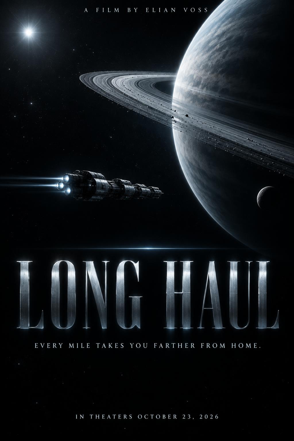 "LONG HAUL
EVERY MILE TAKES YOU FARTHER FROM HOME.
IN THEATERS OCTOBER 23, 2026
A FILM BY ELIAN VOSS" — Cinematic Scifi | AI Text Effect Generator