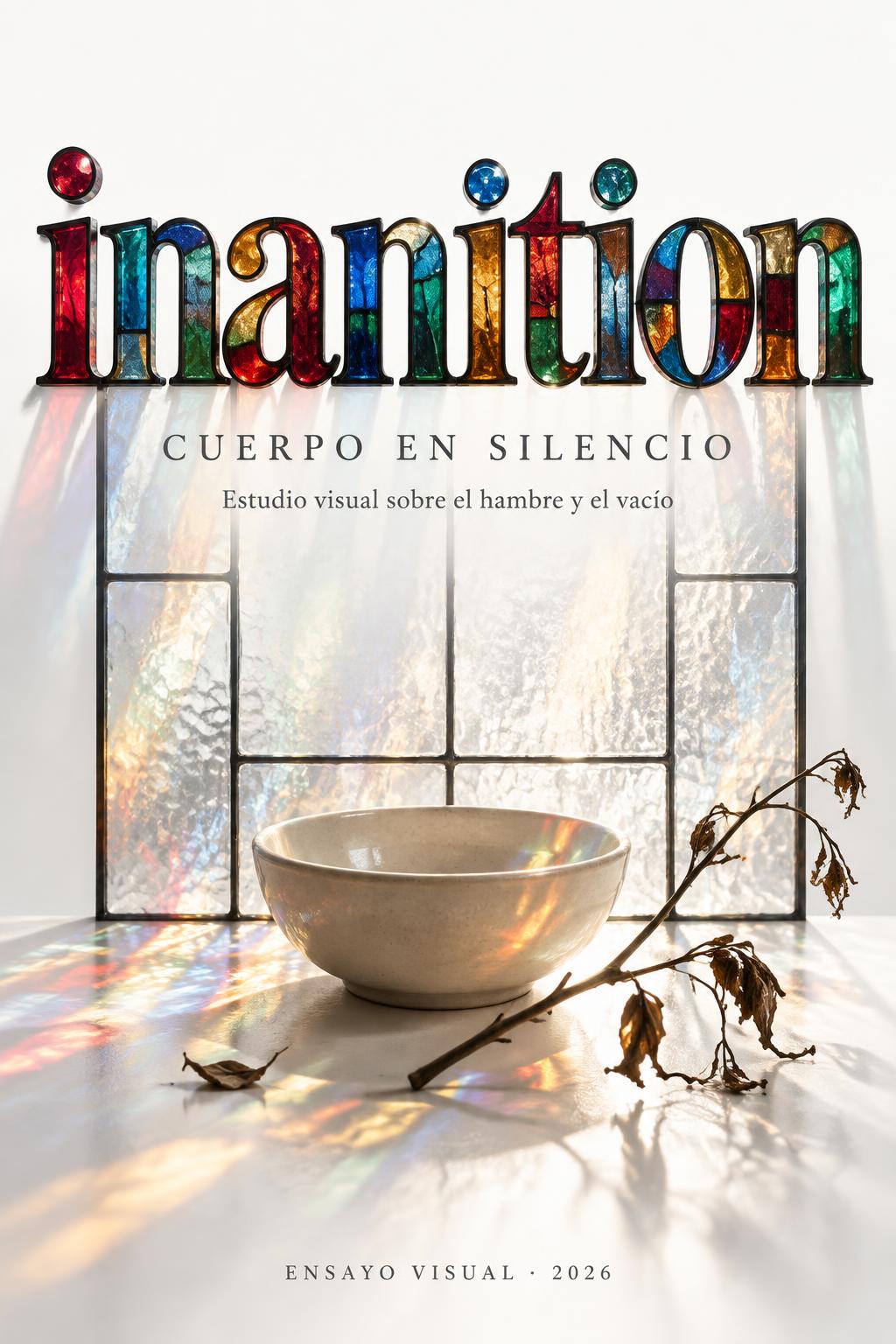 "inanition
CUERPO EN SILENCIO
Estudio visual sobre el hambre y el vacío
ENSAYO VISUAL · 2026" — Glass Color text effect