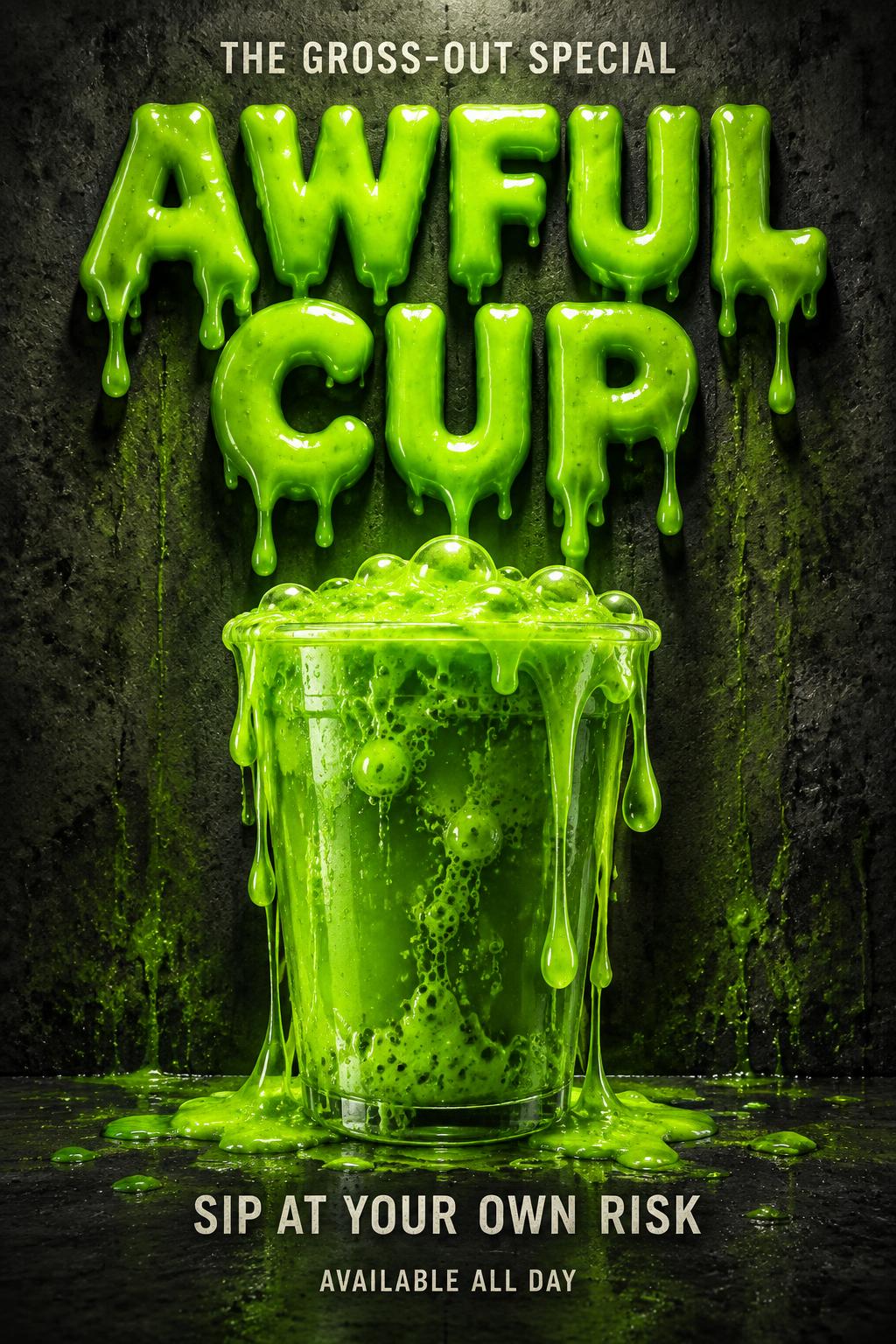 "AWFUL CUP
THE GROSS-OUT SPECIAL
SIP AT YOUR OWN RISK
AVAILABLE ALL DAY" — Drip Font | AI Text Effect Generator