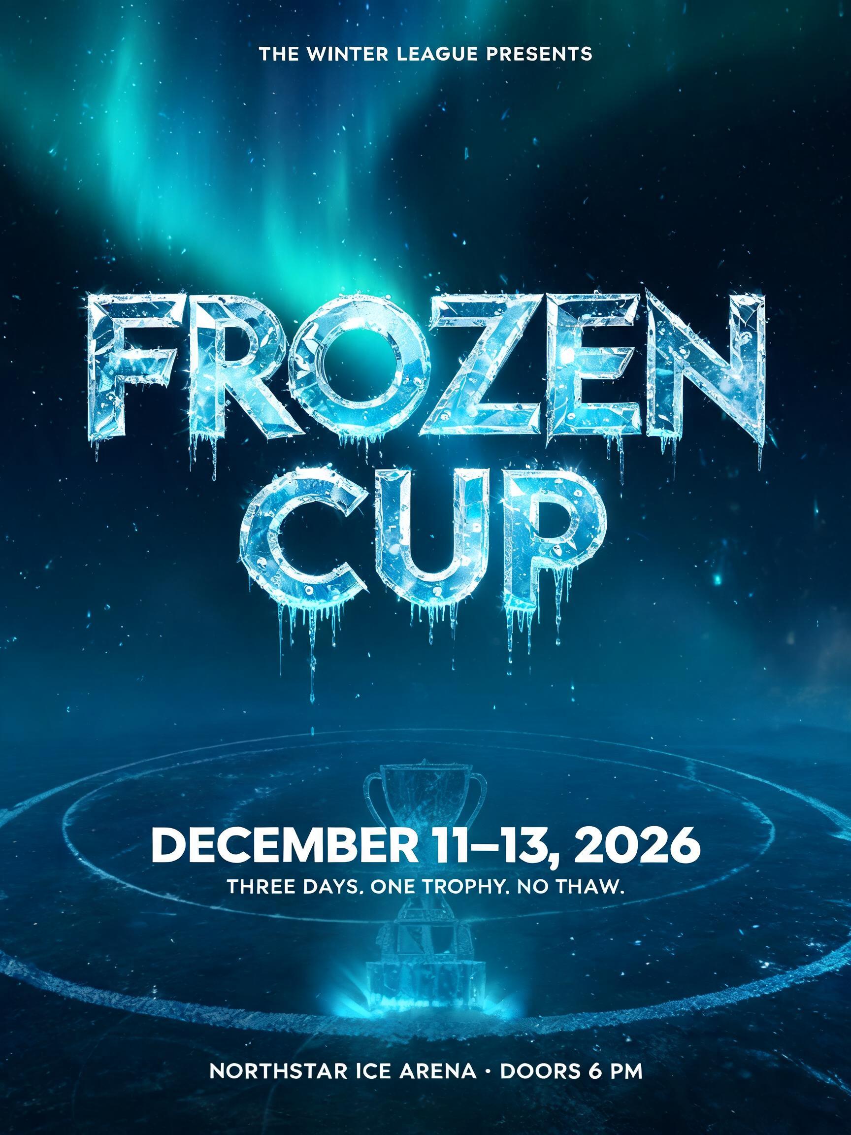"THE WINTER LEAGUE PRESENTS
FROZEN
CUP
DECEMBER 11–13, 2026
THREE DAYS. ONE TROPHY. NO THAW.
NORTHSTAR ICE ARENA · DOORS 6 PM" — Glass Frozen | AI Text Effect Generator