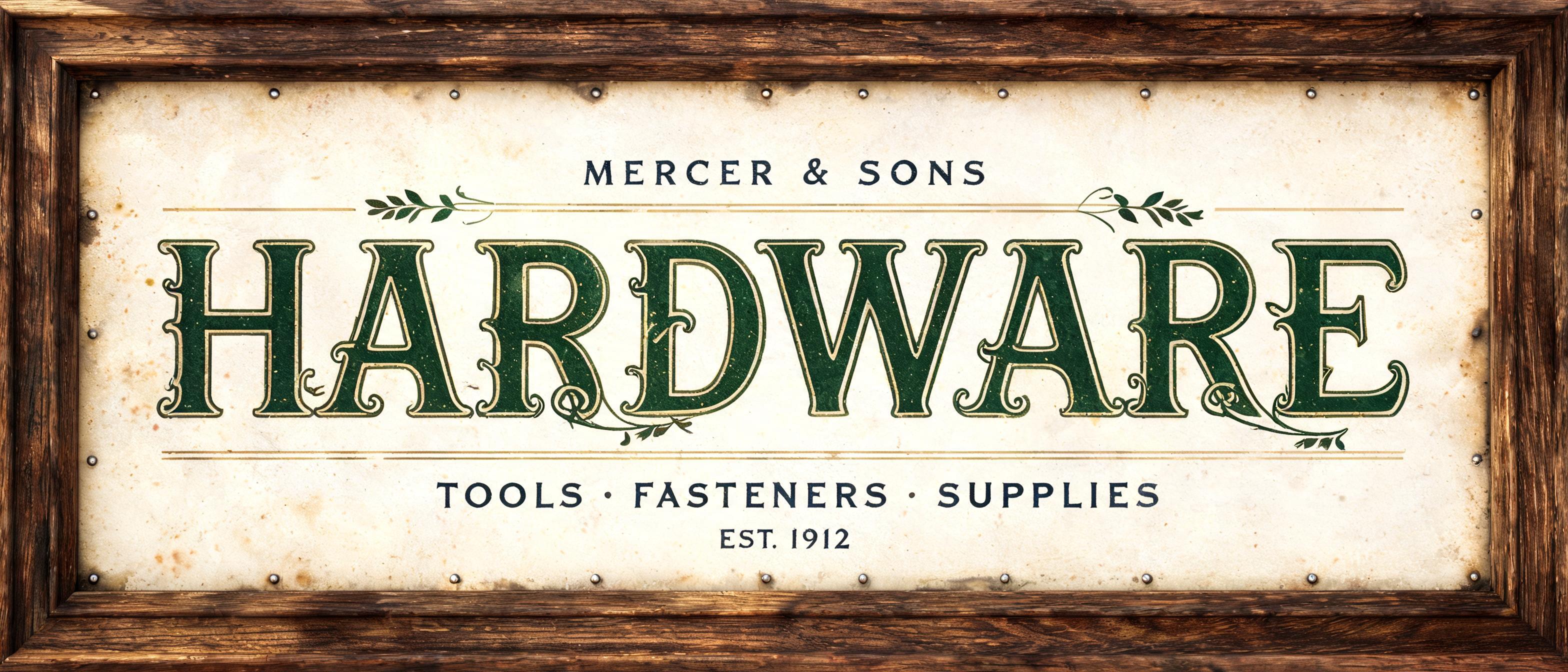 "HARDWARE
MERCER & SONS
TOOLS · FASTENERS · SUPPLIES
EST. 1912" — Vintage | AI Text Effect Generator