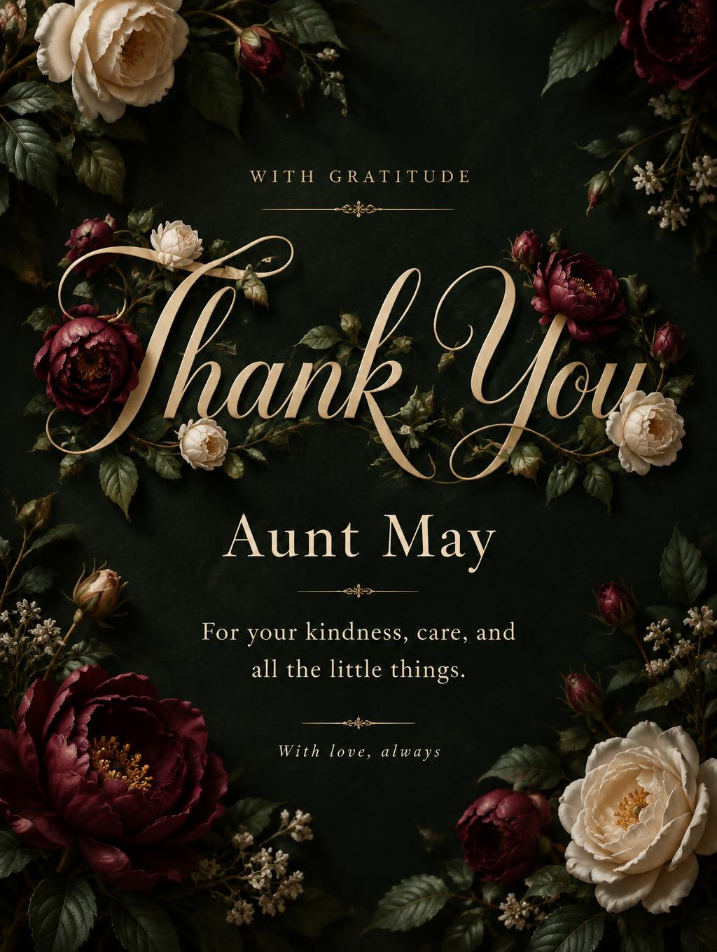 "Thank You
Aunt May
WITH GRATITUDE
For your kindness, care, and all the little things.
With love, always" — Floral | AI Text Effect Generator