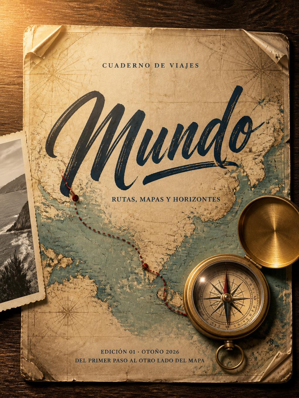 "MUNDO
CUADERNO DE VIAJES
RUTAS, MAPAS Y HORIZONTES
EDICIÓN 01 · OTOÑO 2026
DEL PRIMER PASO AL OTRO LADO DEL MAPA" —  | AI Text Effect Generator