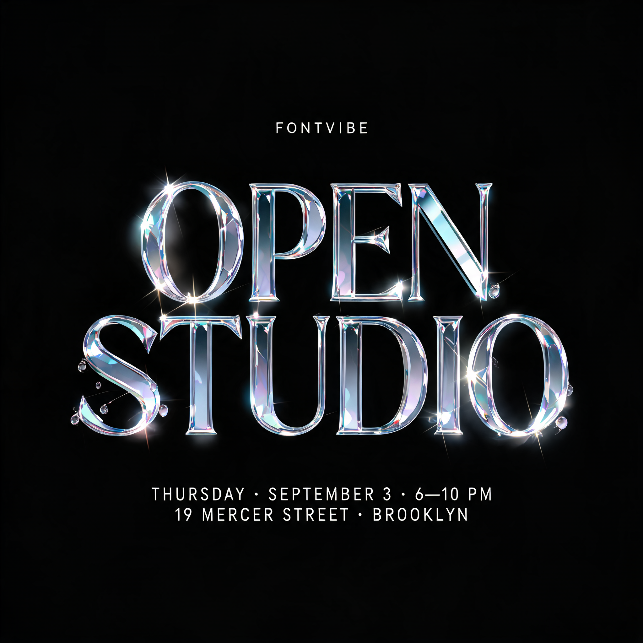 "OPEN
STUDIO
FONTVIBE
THURSDAY · SEPTEMBER 3 · 6—10 PM
19 MERCER STREET · BROOKLYN" — Glass | AI Text Effect Generator