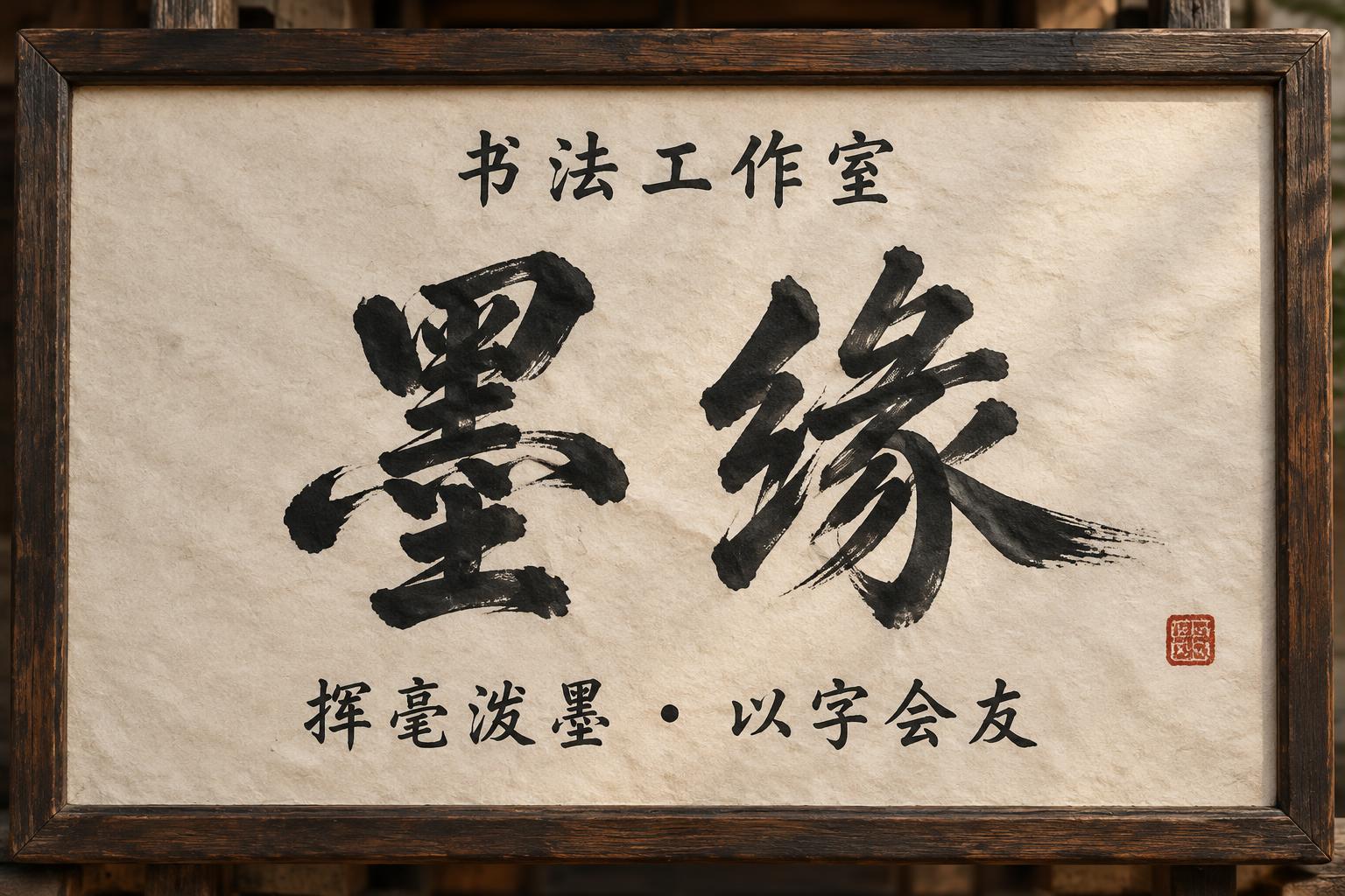 "墨缘
书法工作室
挥毫泼墨 · 以字会友" — Brush Chinese Ink | AI Text Effect Generator