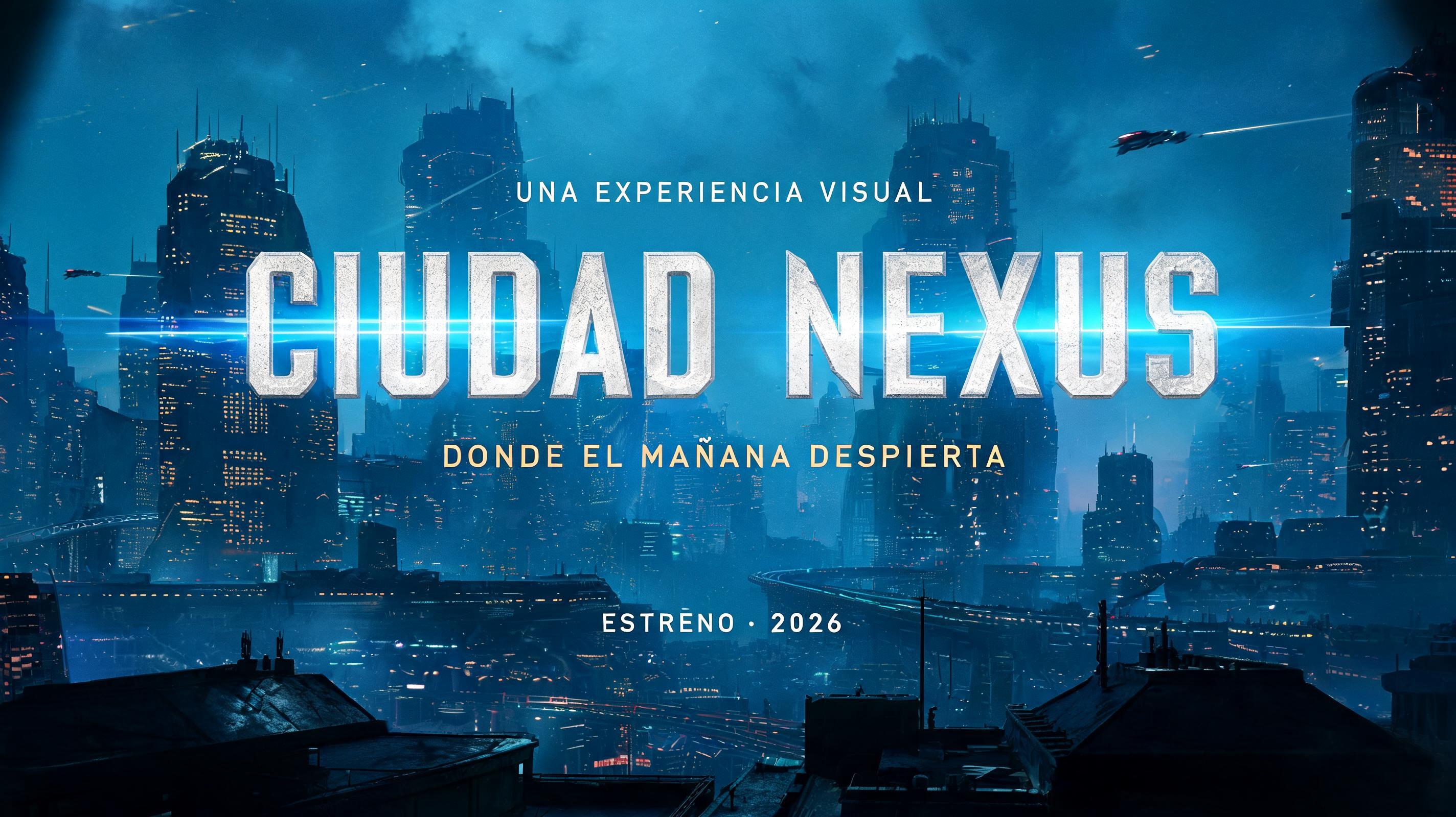 "CIUDAD NEXUS
DONDE EL MAÑANA DESPIERTA
UNA EXPERIENCIA VISUAL
ESTRENO · 2026" — Cinematic Netflix | AI Text Effect Generator