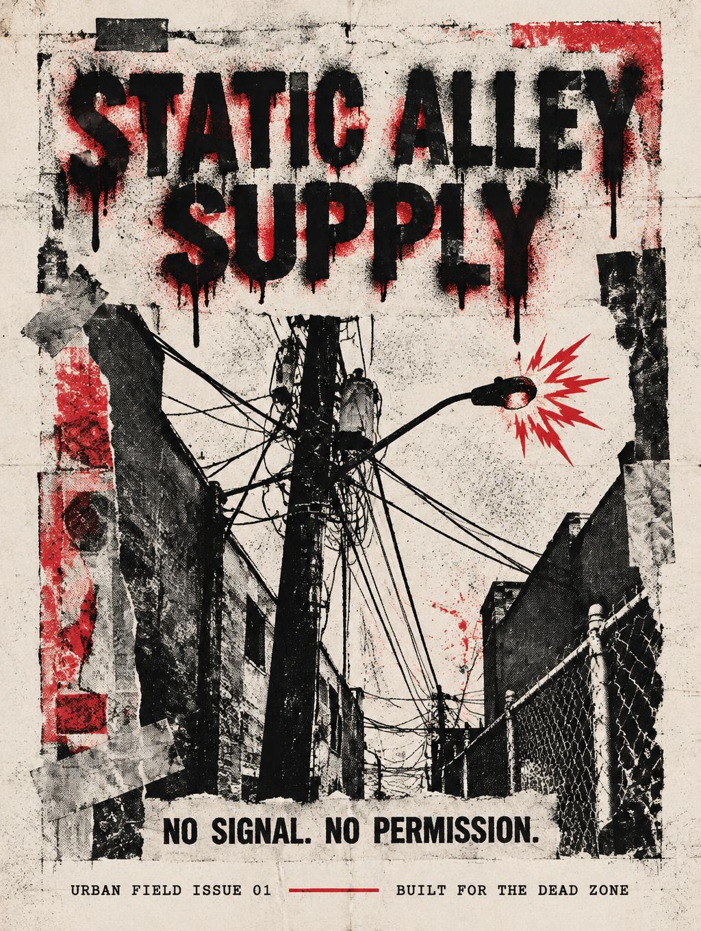 "STATIC ALLEY SUPPLY
NO SIGNAL. NO PERMISSION.
URBAN FIELD ISSUE 01
BUILT FOR THE DEAD ZONE" — Grunge text effect