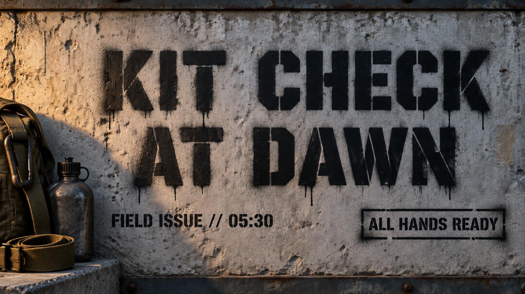 "KIT CHECK
AT DAWN
FIELD ISSUE // 05:30
ALL HANDS READY" — Stencil | AI Text Effect Generator
