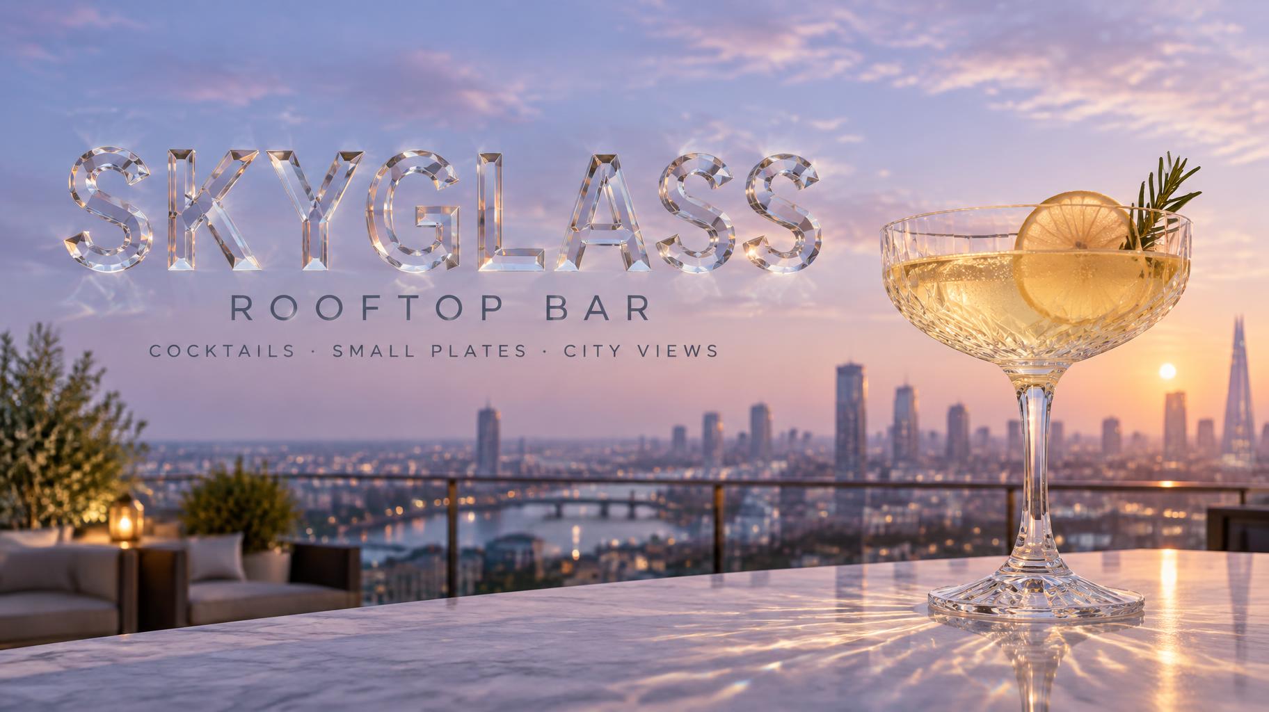 "SKYGLASS
ROOFTOP BAR
COCKTAILS · SMALL PLATES · CITY VIEWS" — Glass | AI Text Effect Generator