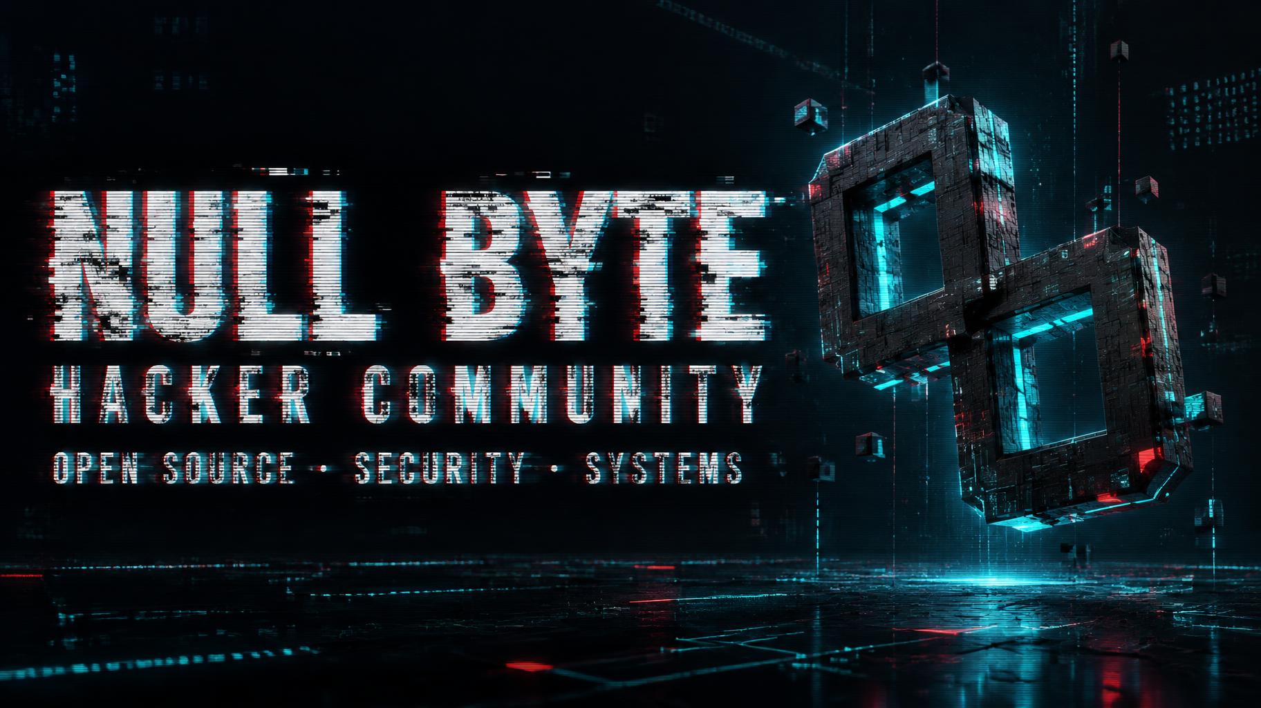 "NULL BYTE
HACKER COMMUNITY
OPEN SOURCE · SECURITY · SYSTEMS" — Glitch | AI Text Effect Generator