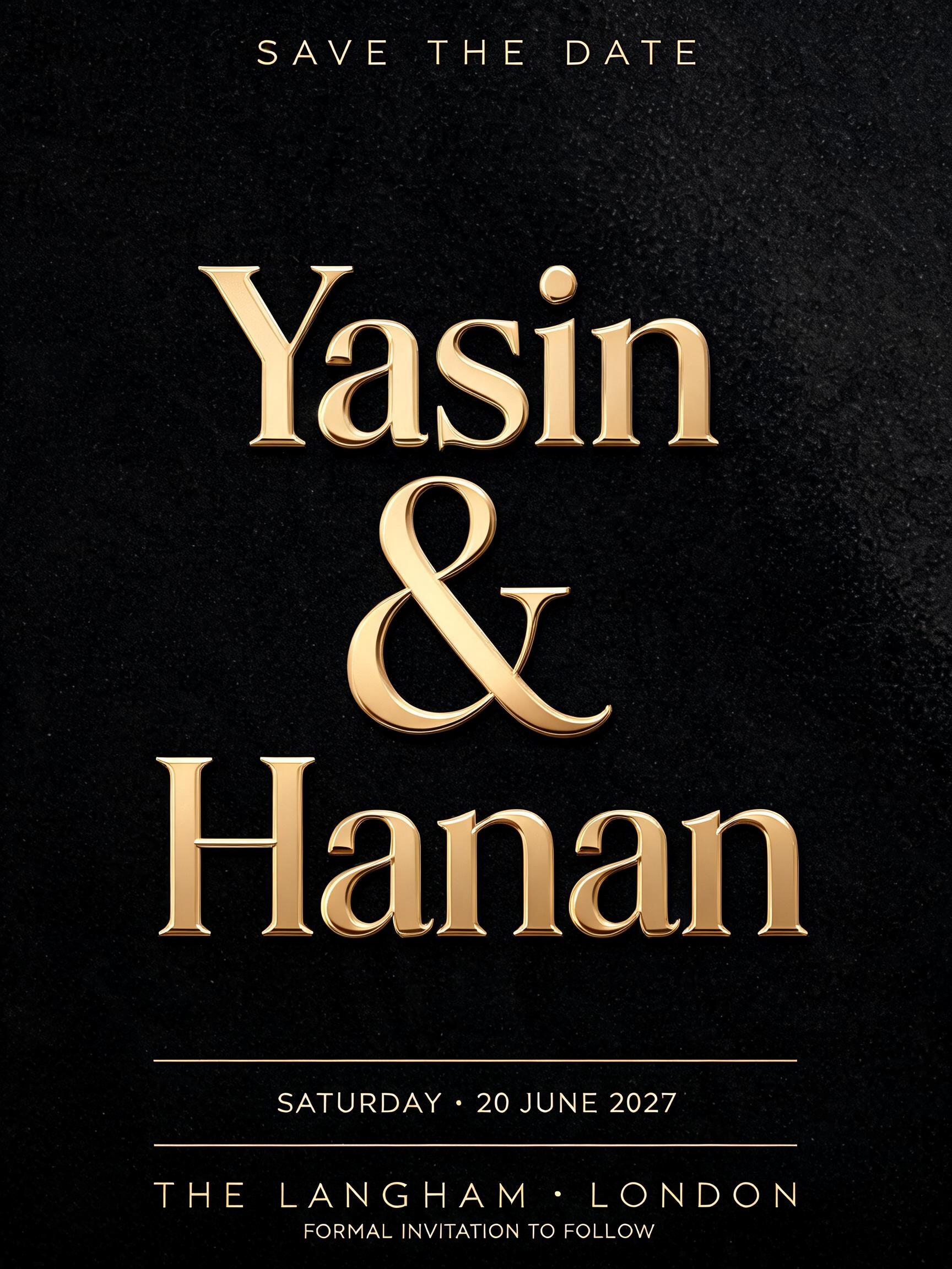 "Yasin & Hanan
SAVE THE DATE
SATURDAY · 20 JUNE 2027
THE LANGHAM · LONDON
FORMAL INVITATION TO FOLLOW" — 3d Bold Gold | AI Text Effect Generator