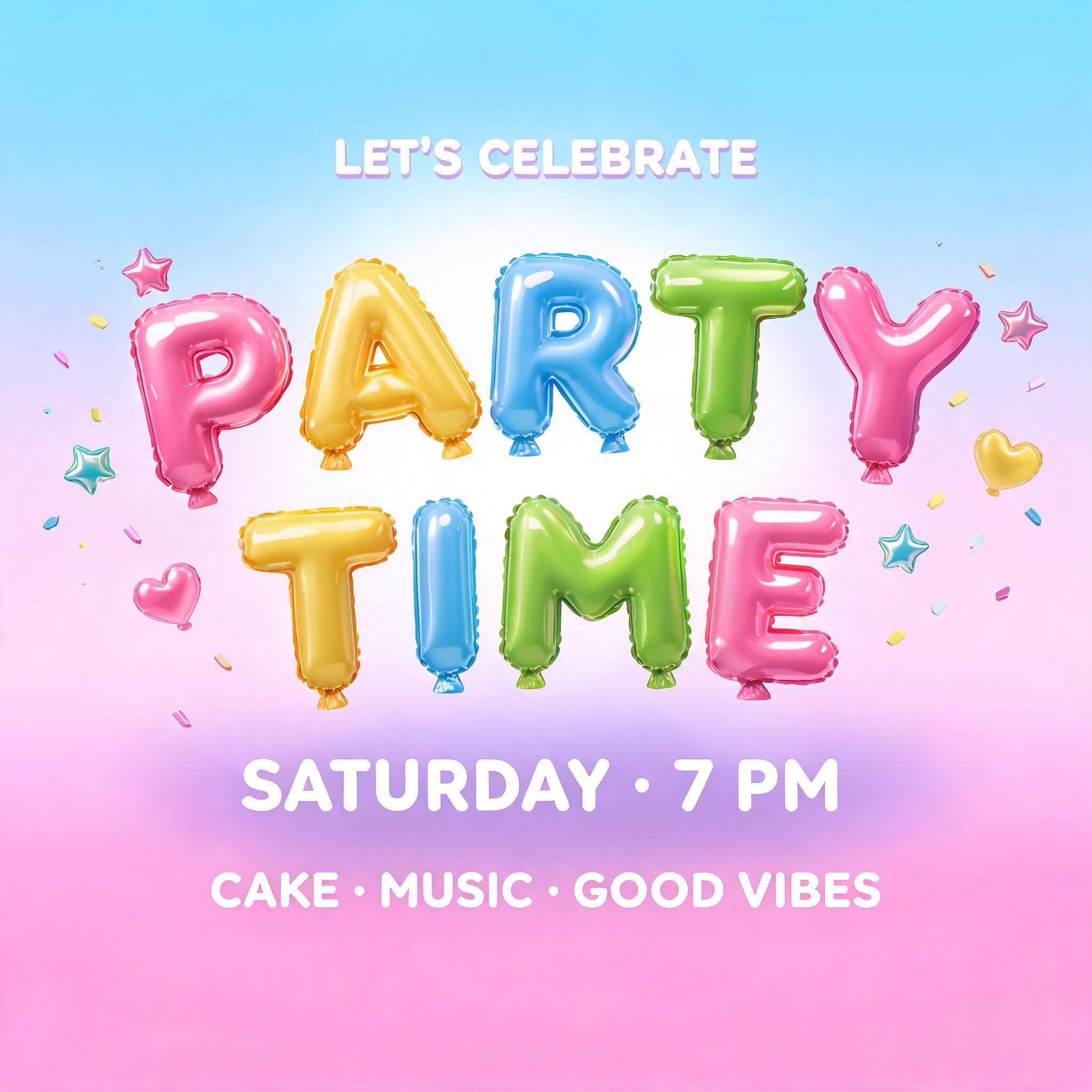 "LET’S CELEBRATE
PARTY
TIME
SATURDAY • 7 PM
CAKE • MUSIC • GOOD VIBES" — Y2k Bubbly text effect