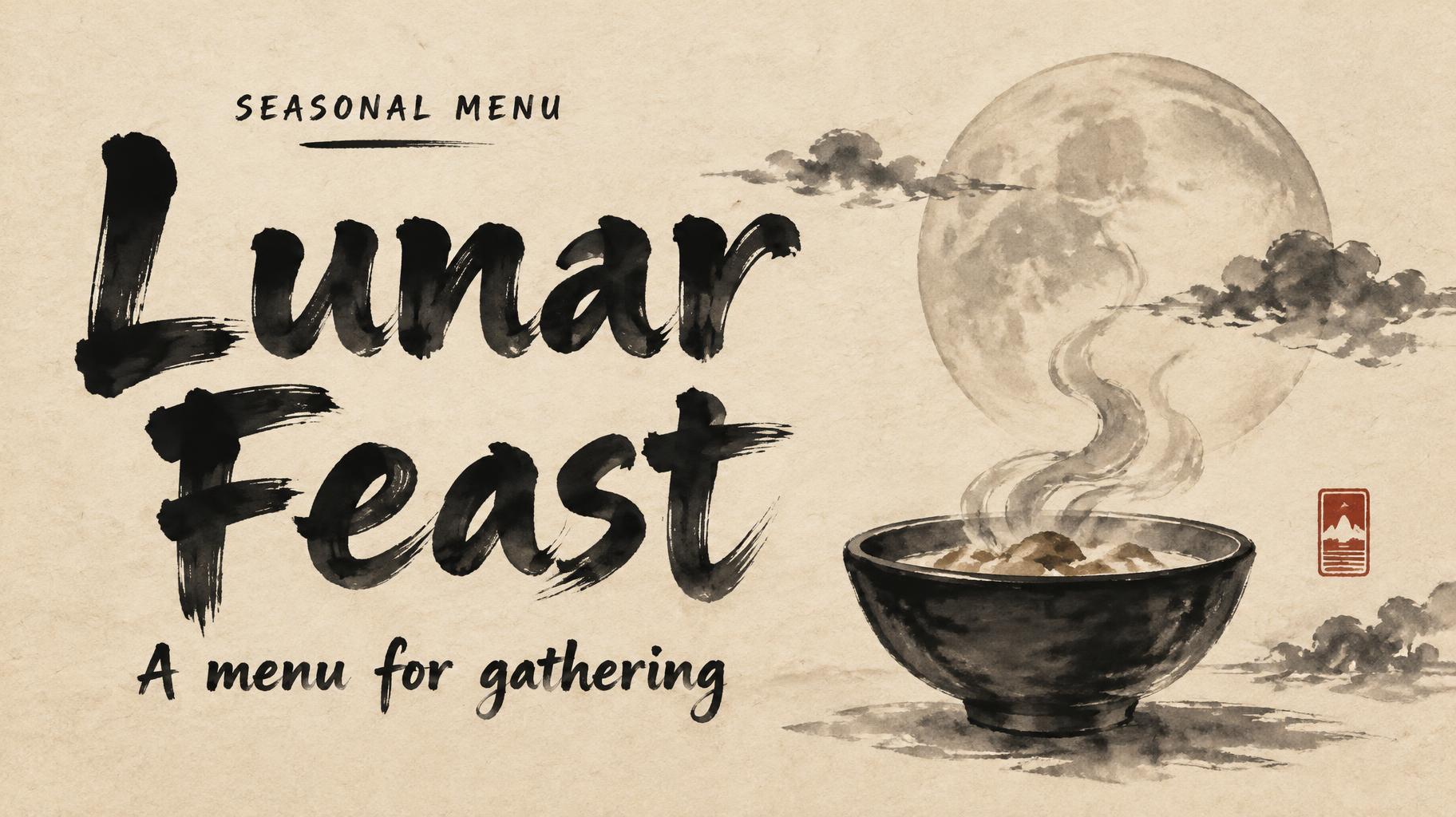 "Lunar Feast
A menu for gathering
SEASONAL MENU" — Brush Chinese Ink | AI Text Effect Generator