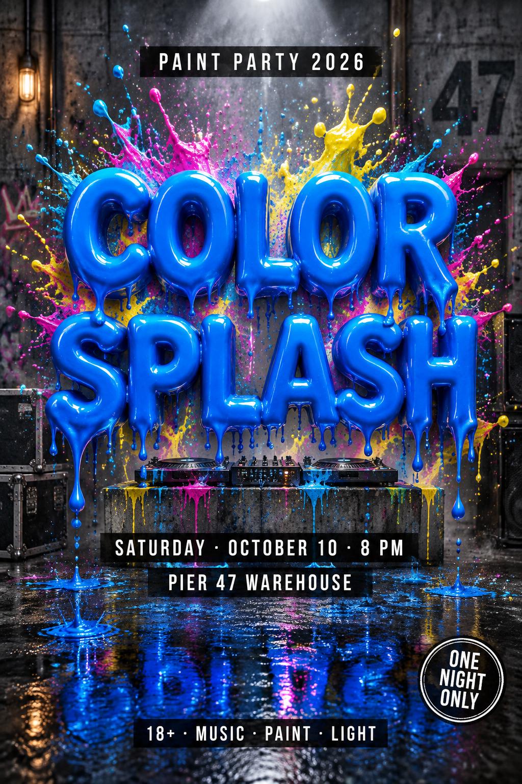 "COLOR
SPLASH
PAINT PARTY 2026
SATURDAY · OCTOBER 10 · 8 PM
PIER 47 WAREHOUSE
18+ · MUSIC · PAINT · LIGHT
ONE NIGHT ONLY" — Drip Font | AI Text Effect Generator