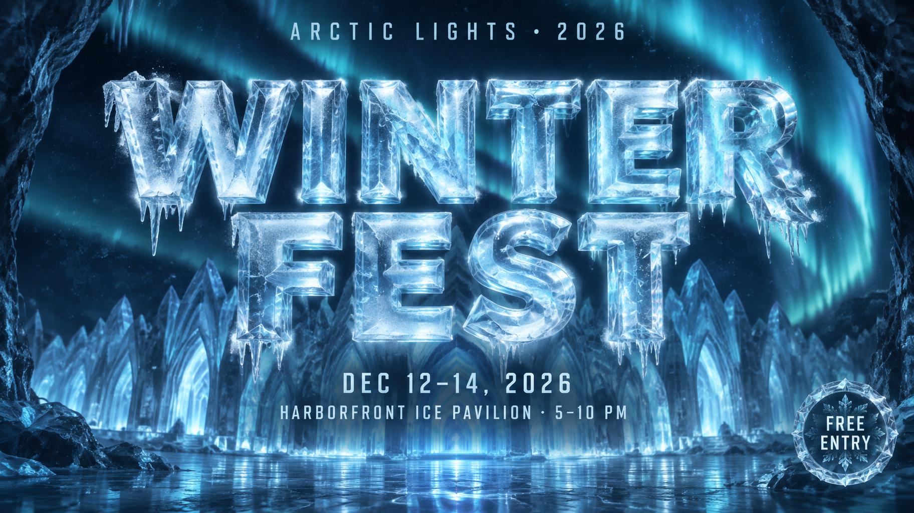 "WINTER
FEST
ARCTIC LIGHTS • 2026
DEC 12–14, 2026
HARBORFRONT ICE PAVILION · 5–10 PM
FREE ENTRY" — Glass Frozen | AI Text Effect Generator