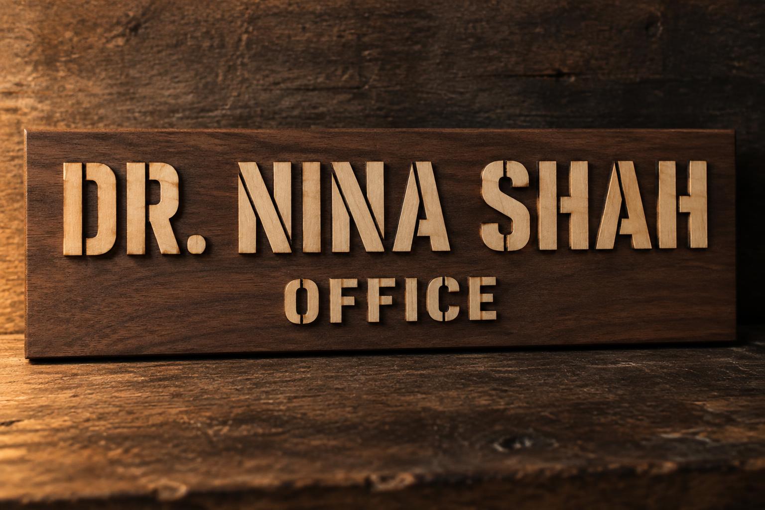 "DR. NINA SHAH
OFFICE" — Laser Cut text effect