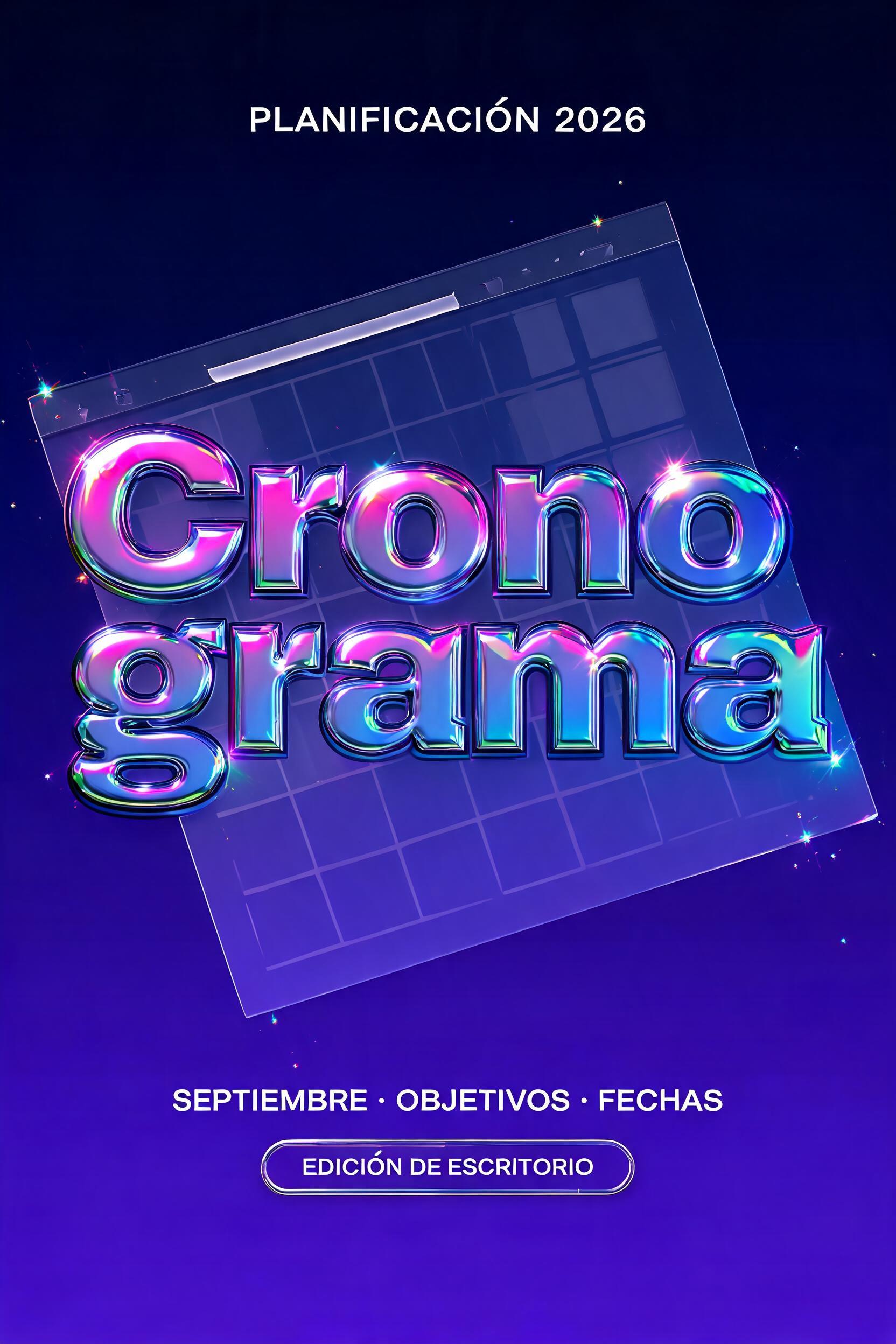 "Cronograma
PLANIFICACIÓN 2026
SEPTIEMBRE · OBJETIVOS · FECHAS
EDICIÓN DE ESCRITORIO" — Y2k | AI Text Effect Generator