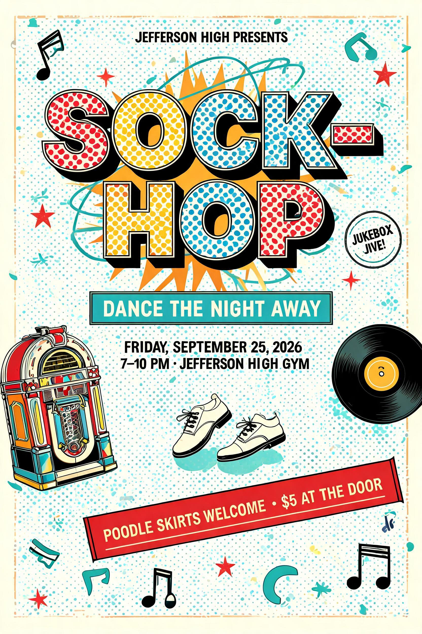 JEFFERSON HIGH PRESENTS
SOCK-
HOP
DANCE THE NIGHT AWAY
FRIDAY, SEPTEMBER 25, 2026
7–10 PM • JEFFERSON HIGH GYM
POODLE SKIRTS WELCOME • $5 AT THE DOOR
JUKEBOX JIVE!