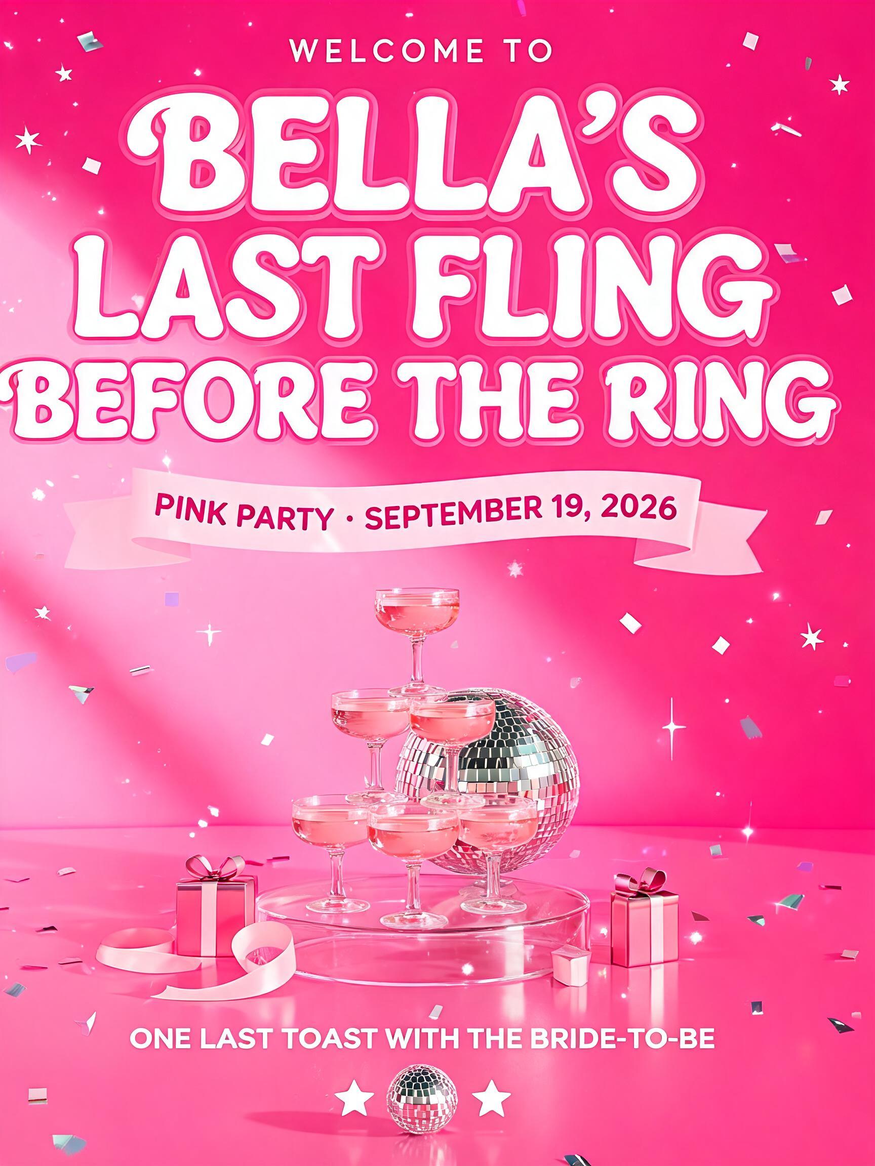 "WELCOME TO
BELLA'S
LAST FLING
BEFORE THE RING
PINK PARTY • SEPTEMBER 19, 2026
ONE LAST TOAST WITH THE BRIDE-TO-BE" — Barbie | AI Text Effect Generator