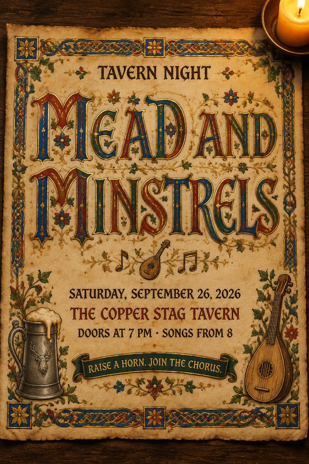"MEAD AND MINSTRELS
TAVERN NIGHT
SATURDAY, SEPTEMBER 26, 2026
THE COPPER STAG TAVERN
DOORS AT 7 PM · SONGS FROM 8
RAISE A HORN. JOIN THE CHORUS." — Medieval | AI Text Effect Generator