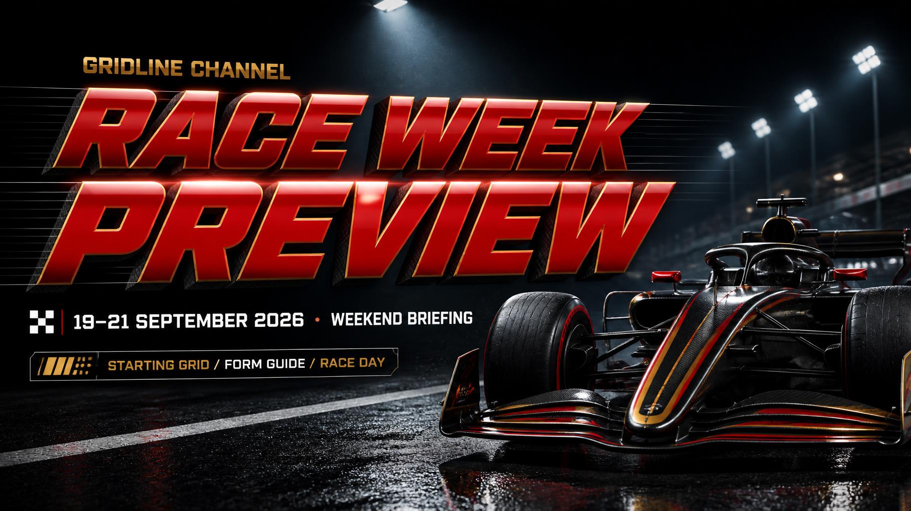"RACE WEEK
PREVIEW
GRIDLINE CHANNEL
19–21 SEPTEMBER 2026  •  WEEKEND BRIEFING
STARTING GRID / FORM GUIDE / RACE DAY" — Racing | AI Text Effect Generator