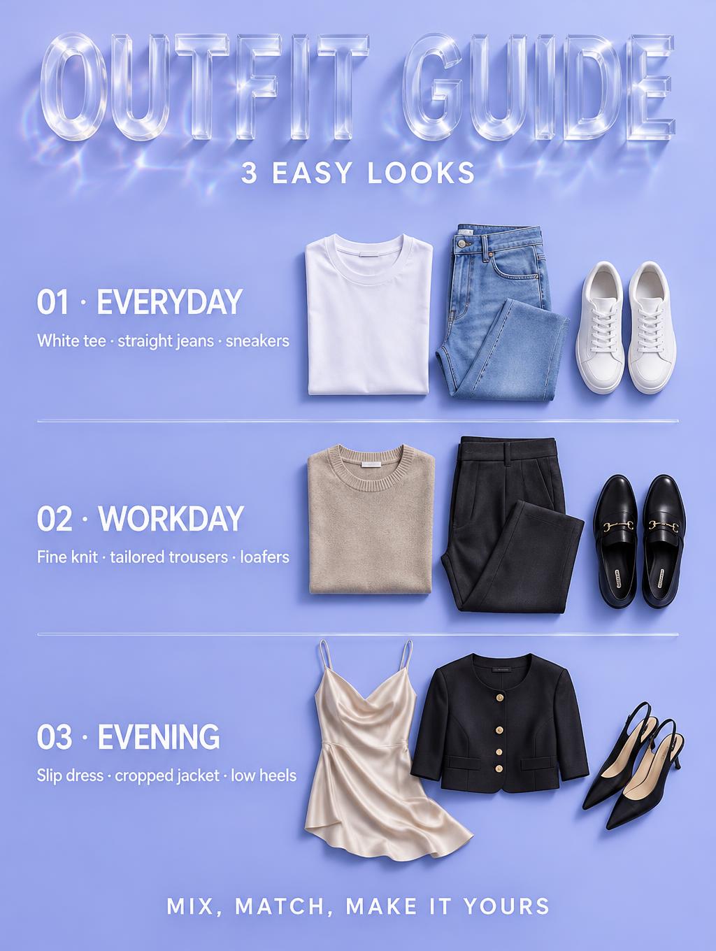 "OUTFIT GUIDE
3 EASY LOOKS
01 · EVERYDAY
White tee · straight jeans · sneakers
02 · WORKDAY
Fine knit · tailored trousers · loafers
03 · EVENING
Slip dress · cropped jacket · low heels
MIX, MATCH, MAKE IT YOURS" — Glass | AI Text Effect Generator