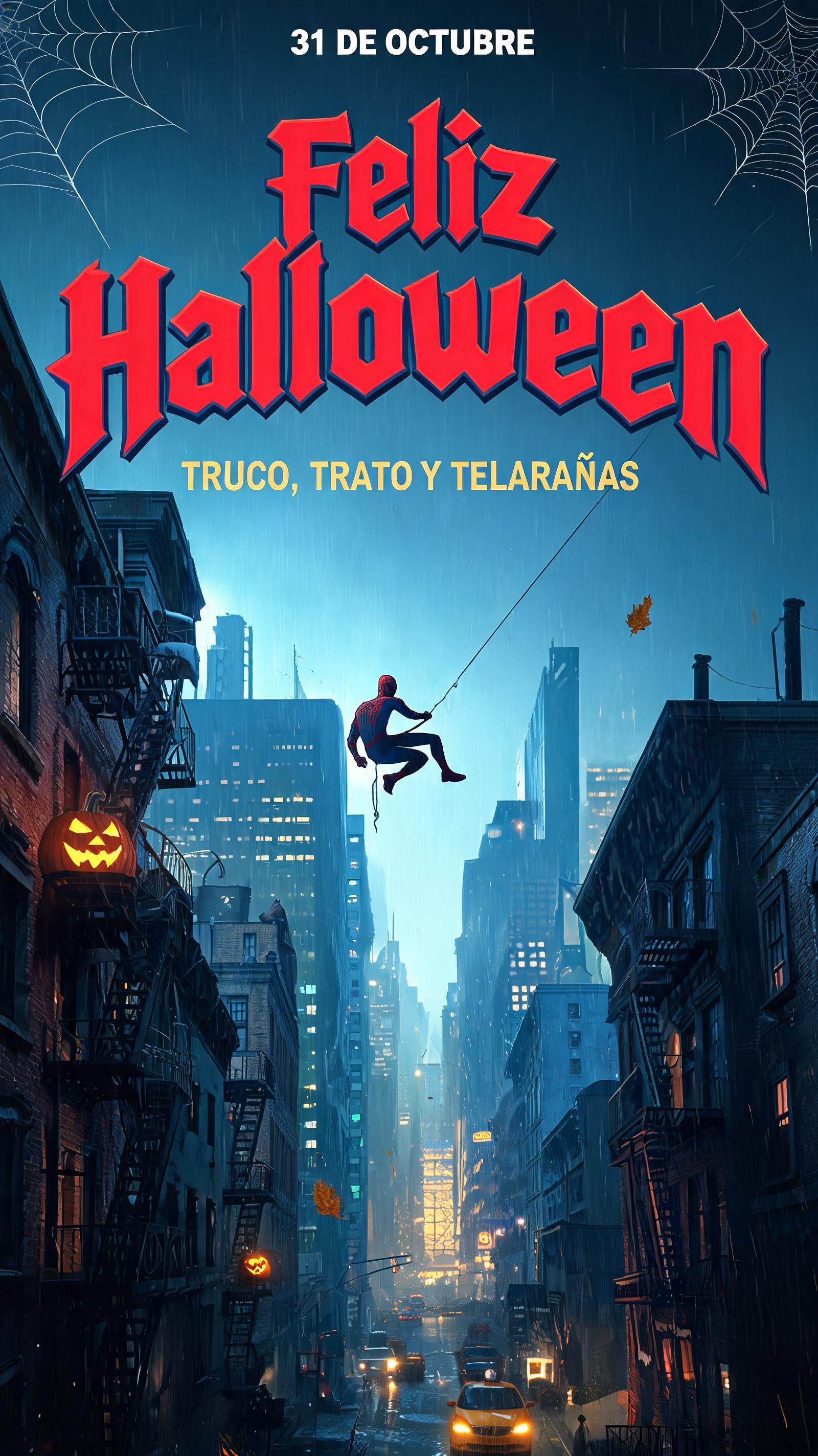 "Feliz Halloween
TRUCO, TRATO Y TELARAÑAS
31 DE OCTUBRE" — Spider Hero | AI Text Effect Generator
