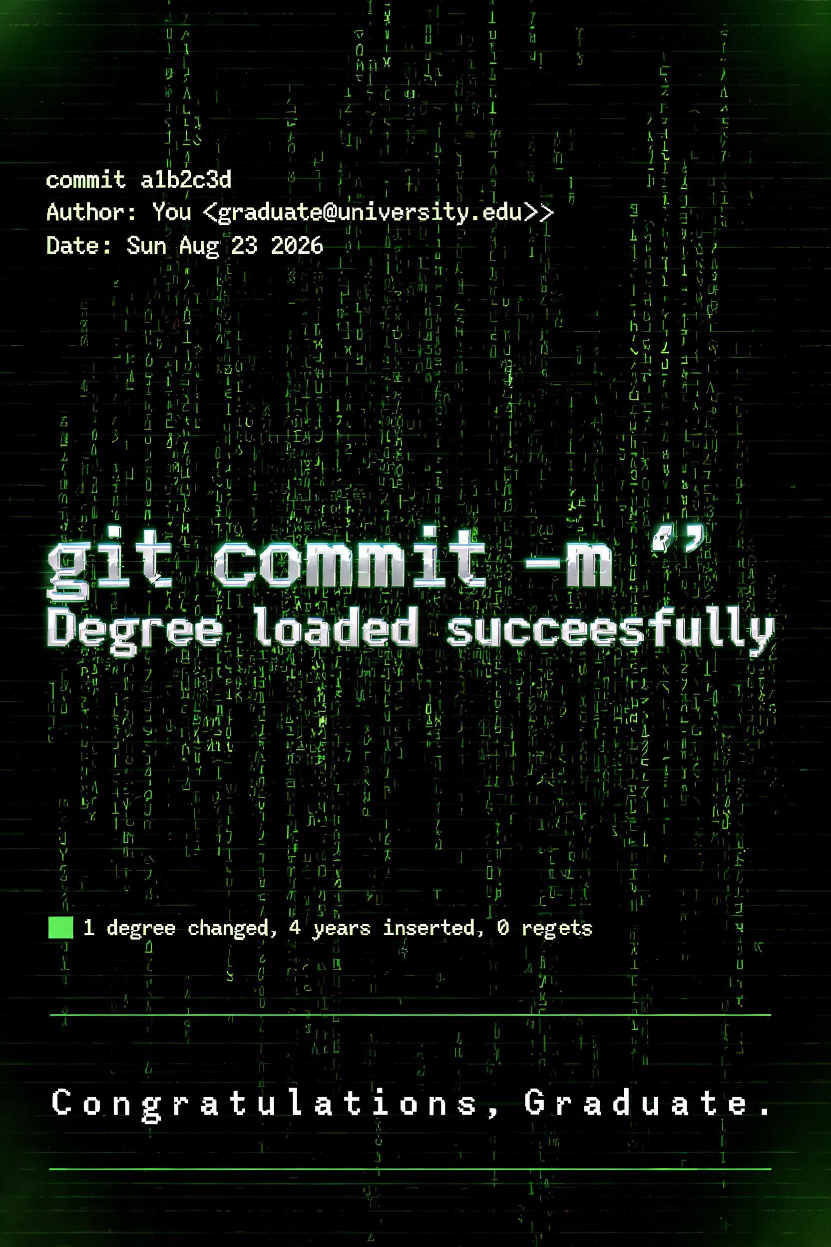 "git commit -m “Degree loaded successfully”" — Cyberpunk Data Stream | AI Text Effect Generator