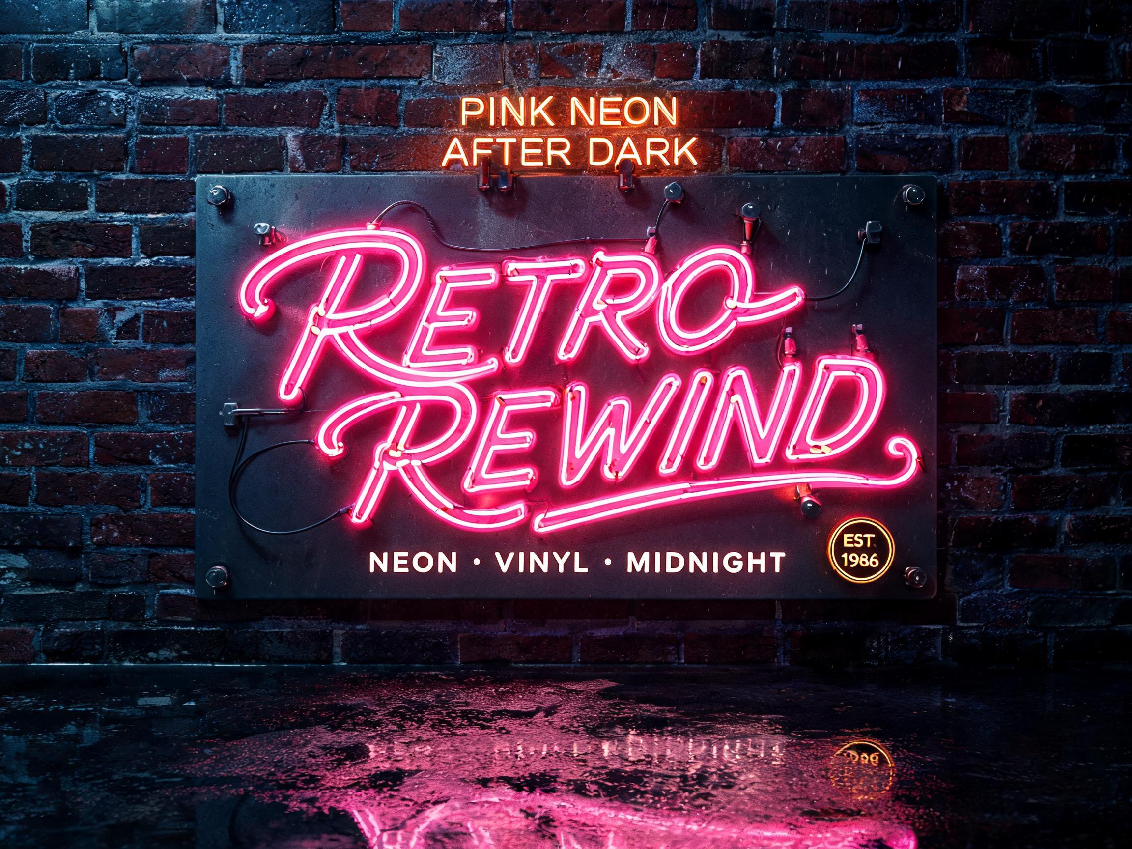 "RETRO REWIND
PINK NEON / AFTER DARK
NEON • VINYL • MIDNIGHT
EST. 1986" — Neon Sign | AI Text Effect Generator