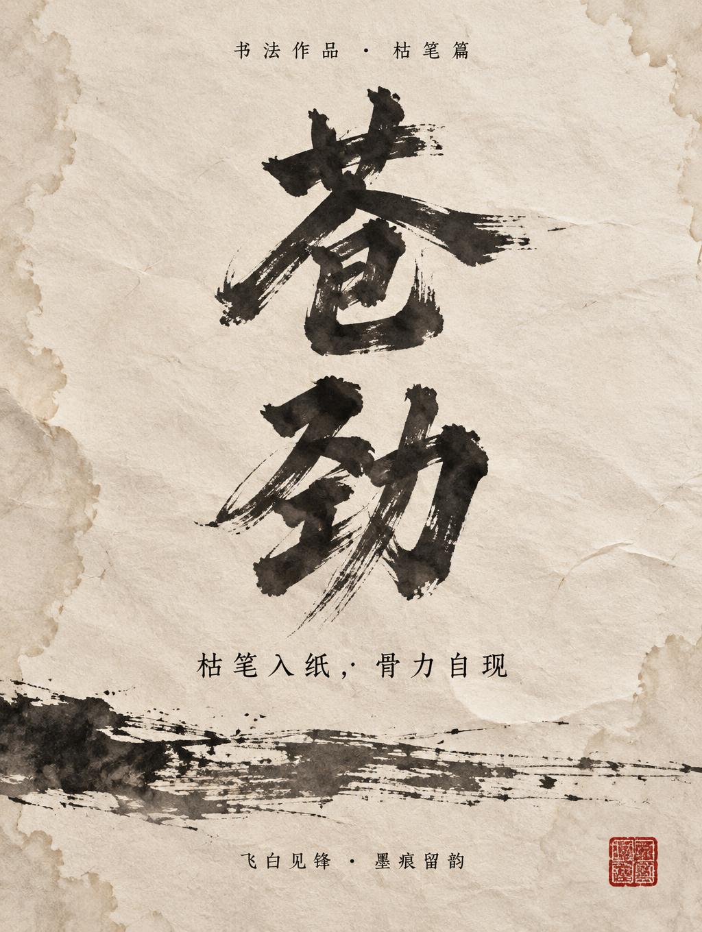 "苍劲
书法作品 · 枯笔篇
枯笔入纸，骨力自现
飞白见锋 · 墨痕留韵" — Brush Stroke | AI Text Effect Generator