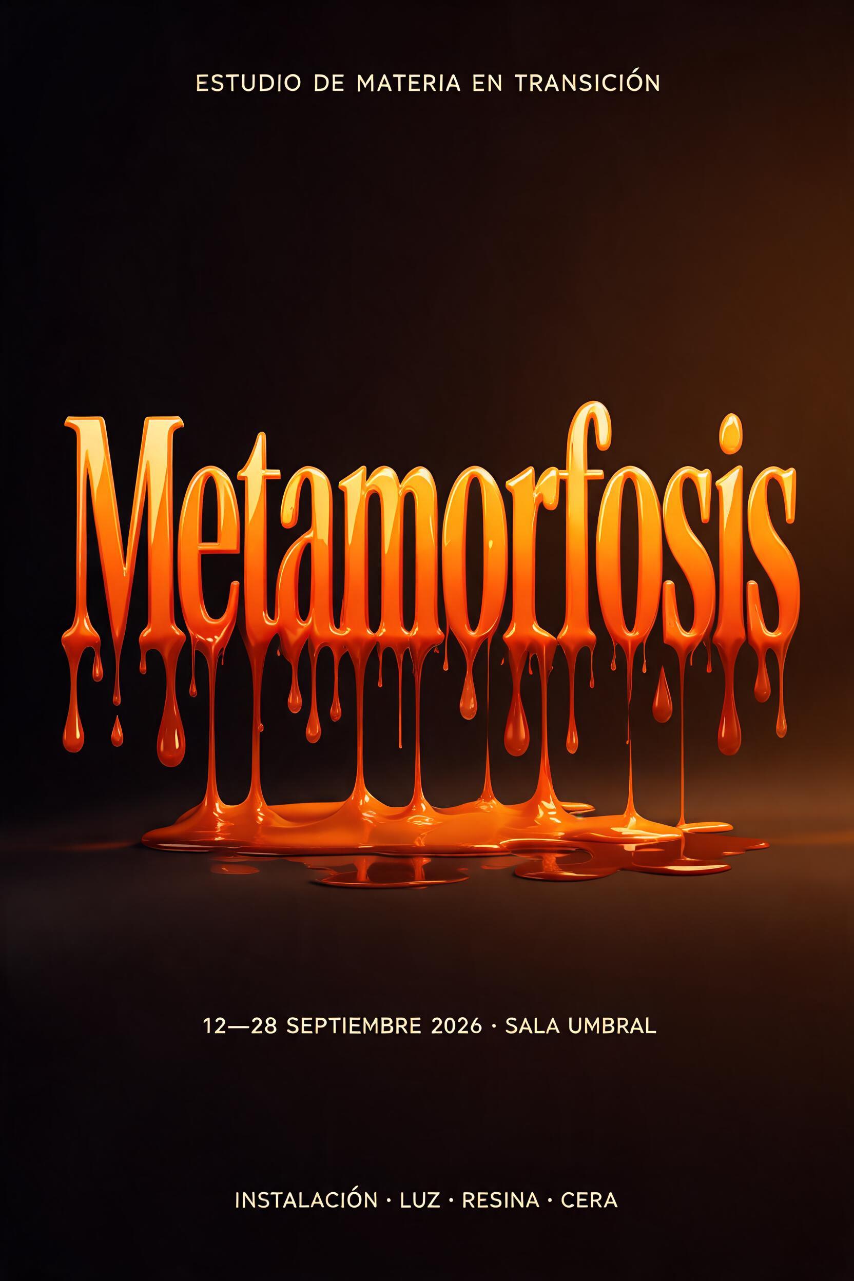 "Metamorfosis
ESTUDIO DE MATERIA EN TRANSICIÓN
12—28 SEPTIEMBRE 2026 · SALA UMBRAL
INSTALACIÓN · LUZ · RESINA · CERA" — Drip Font Melting text effect