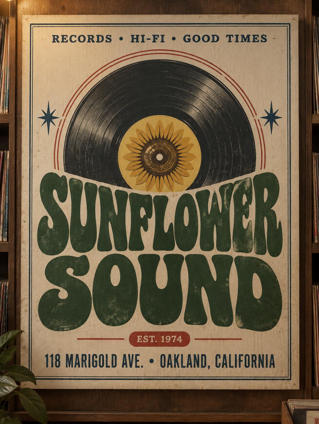 "SUNFLOWER
SOUND
RECORDS • HI-FI • GOOD TIMES
EST. 1974
118 MARIGOLD AVE. • OAKLAND, CALIFORNIA" — Vintage | AI Text Effect Generator