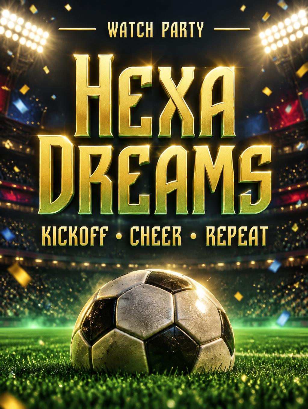 "Hexa Dreams
WATCH PARTY
KICKOFF • CHEER • REPEAT" — Sports Football | AI Text Effect Generator