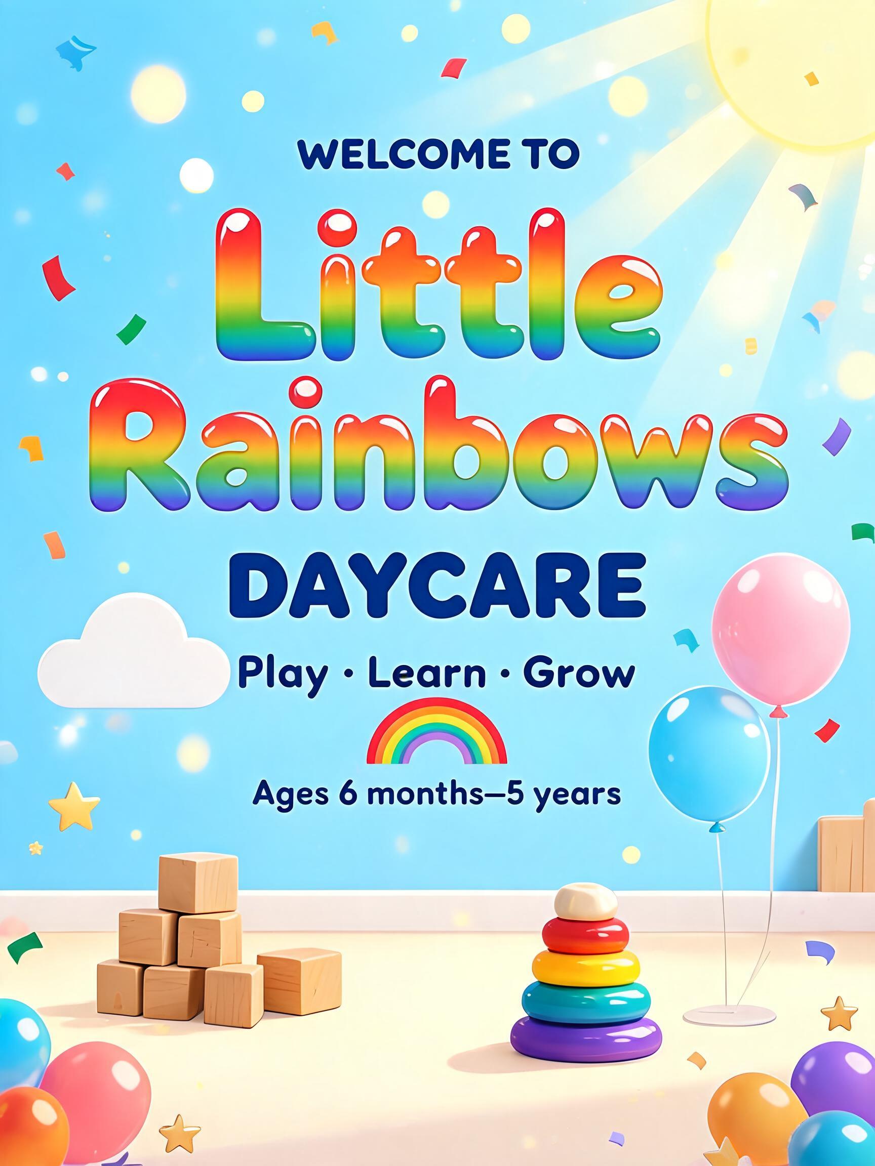 "Little
Rainbows
DAYCARE
WELCOME TO
Play · Learn · Grow
Ages 6 months–5 years" — Rainbow | AI Text Effect Generator
