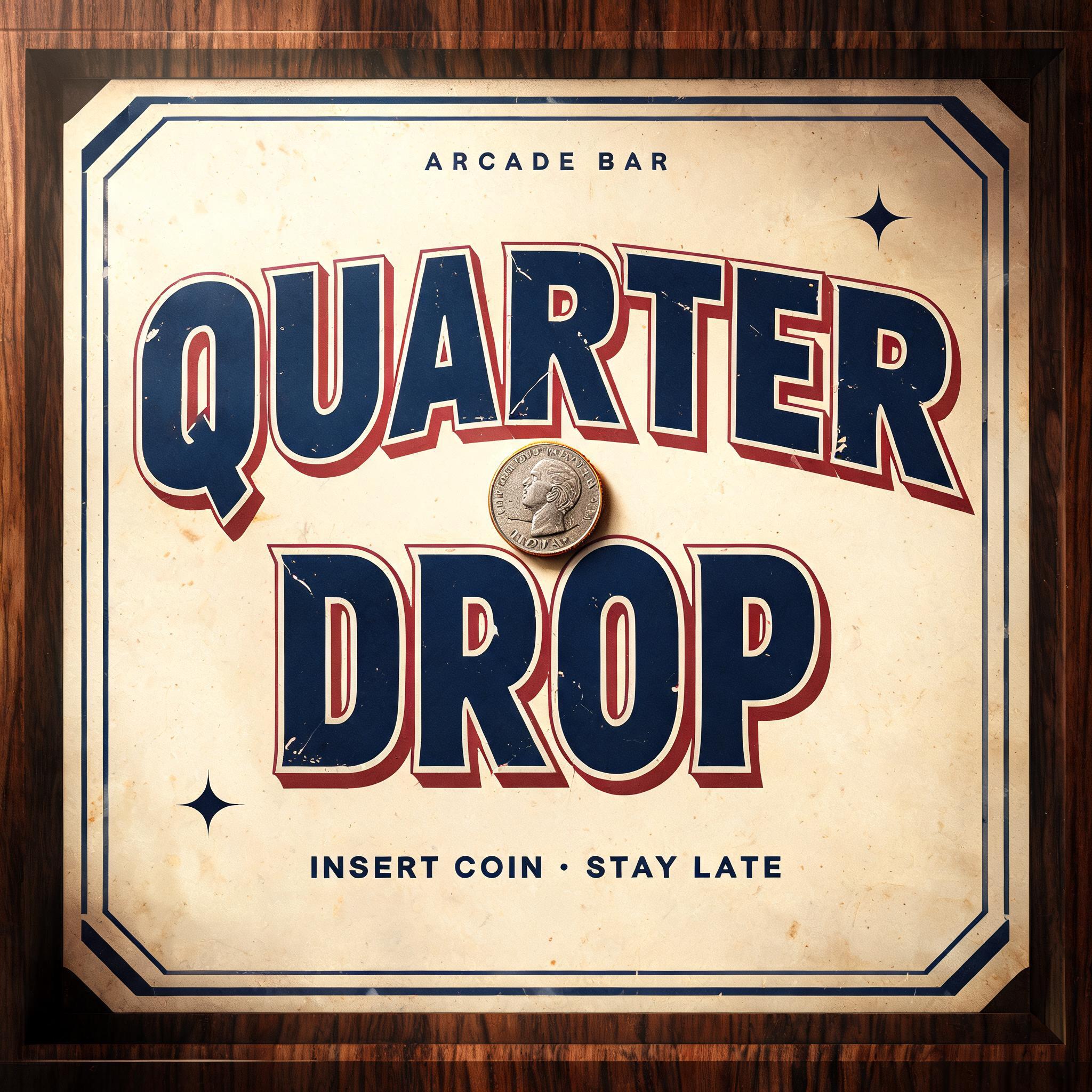 "QUARTER DROP
ARCADE BAR
INSERT COIN • STAY LATE" — Vintage text effect