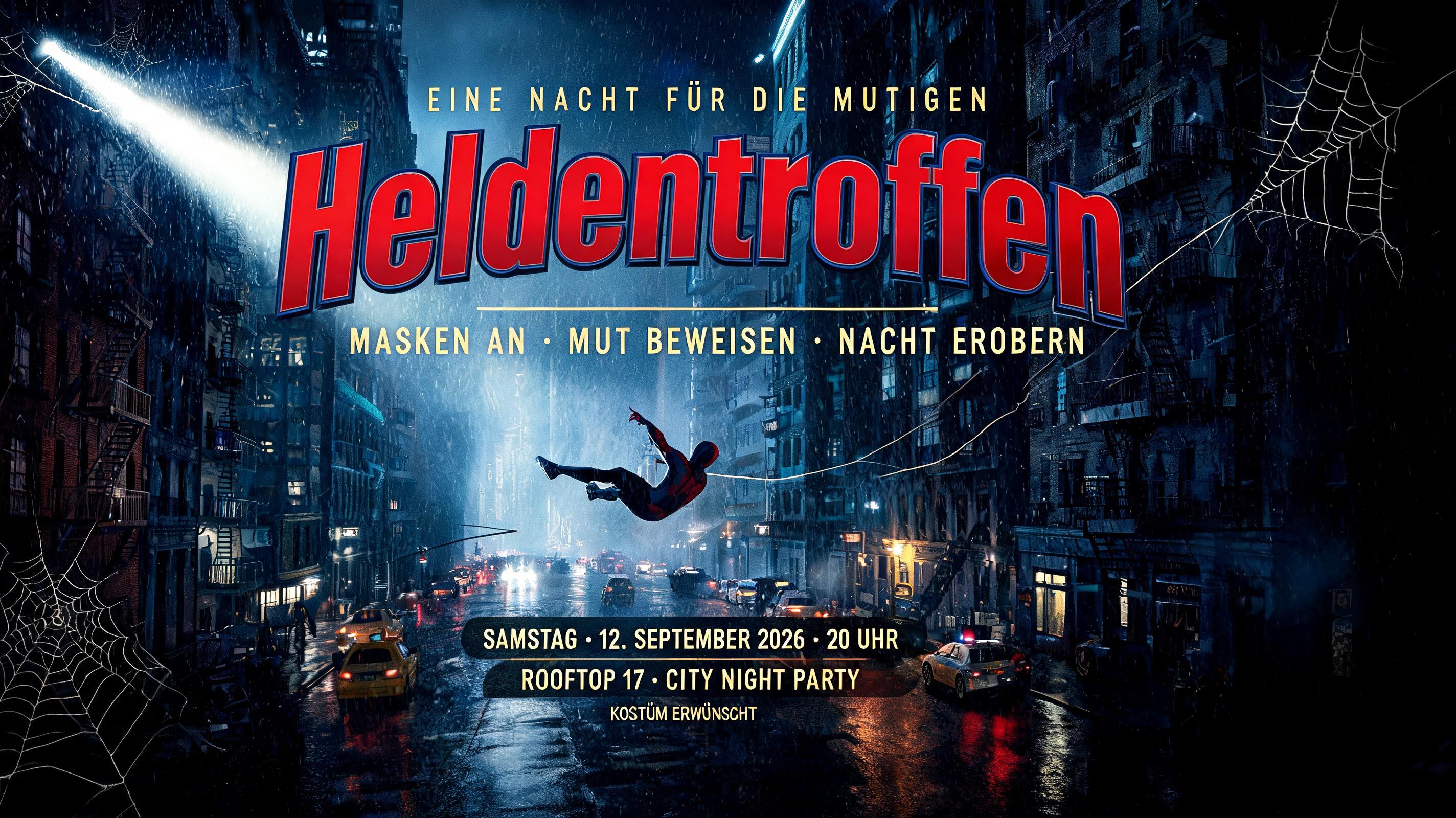 "Heldentreffen
EINE NACHT FÜR DIE MUTIGEN
MASKEN AN · MUT BEWEISEN · NACHT EROBERN
SAMSTAG · 12. SEPTEMBER 2026 · 20 UHR
ROOFTOP 17 · CITY NIGHT PARTY
KOSTÜM ERWÜNSCHT" — Spider Hero text effect
