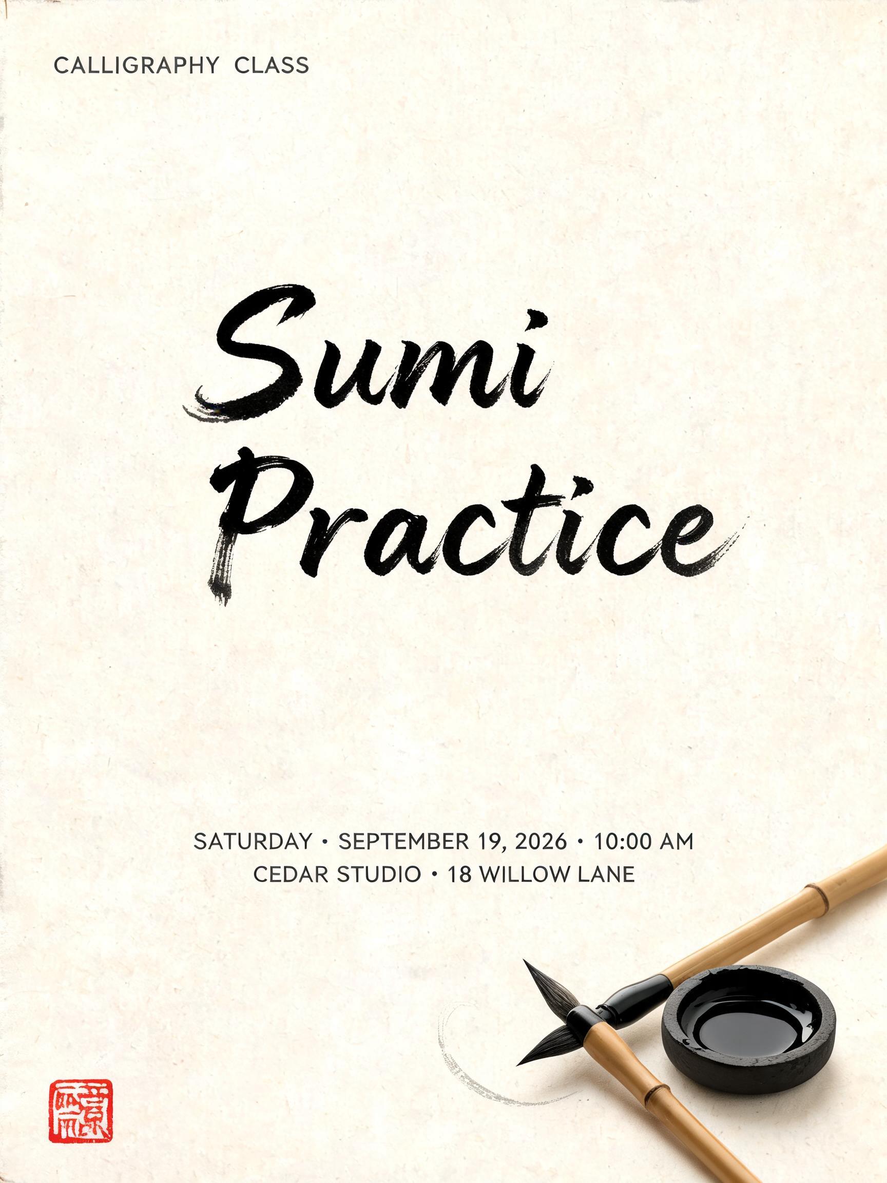 "Sumi Practice
CALLIGRAPHY CLASS
SATURDAY · SEPTEMBER 19, 2026 · 10:00 AM
CEDAR STUDIO · 18 WILLOW LANE" — Brush Japanese Ink | AI Text Effect Generator