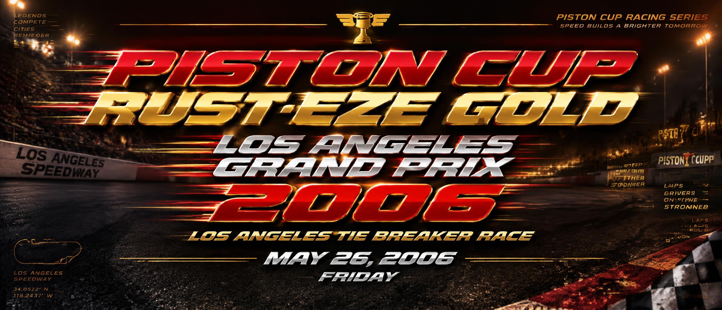 "PISTON CUP 
RUST·EZE GOLD 
LOS ANGELES 
GRAND PRIX 
2006
LOS ANGELES TIE BREAKER RACE
MAY 26, 2006
FRIDAY" — Racing | AI Text Effect Generator