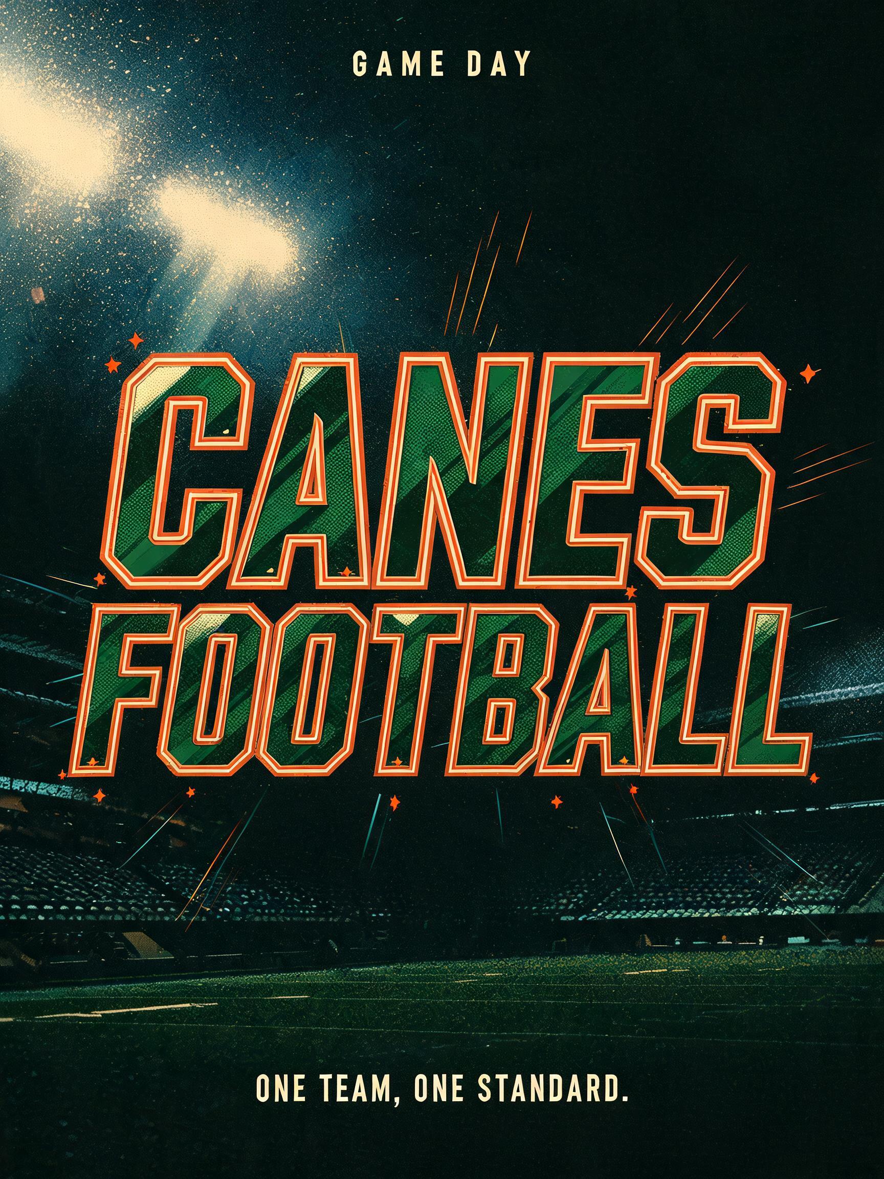 "CANES
FOOTBALL
GAME DAY
ONE TEAM. ONE STANDARD." — Sports | AI Text Effect Generator