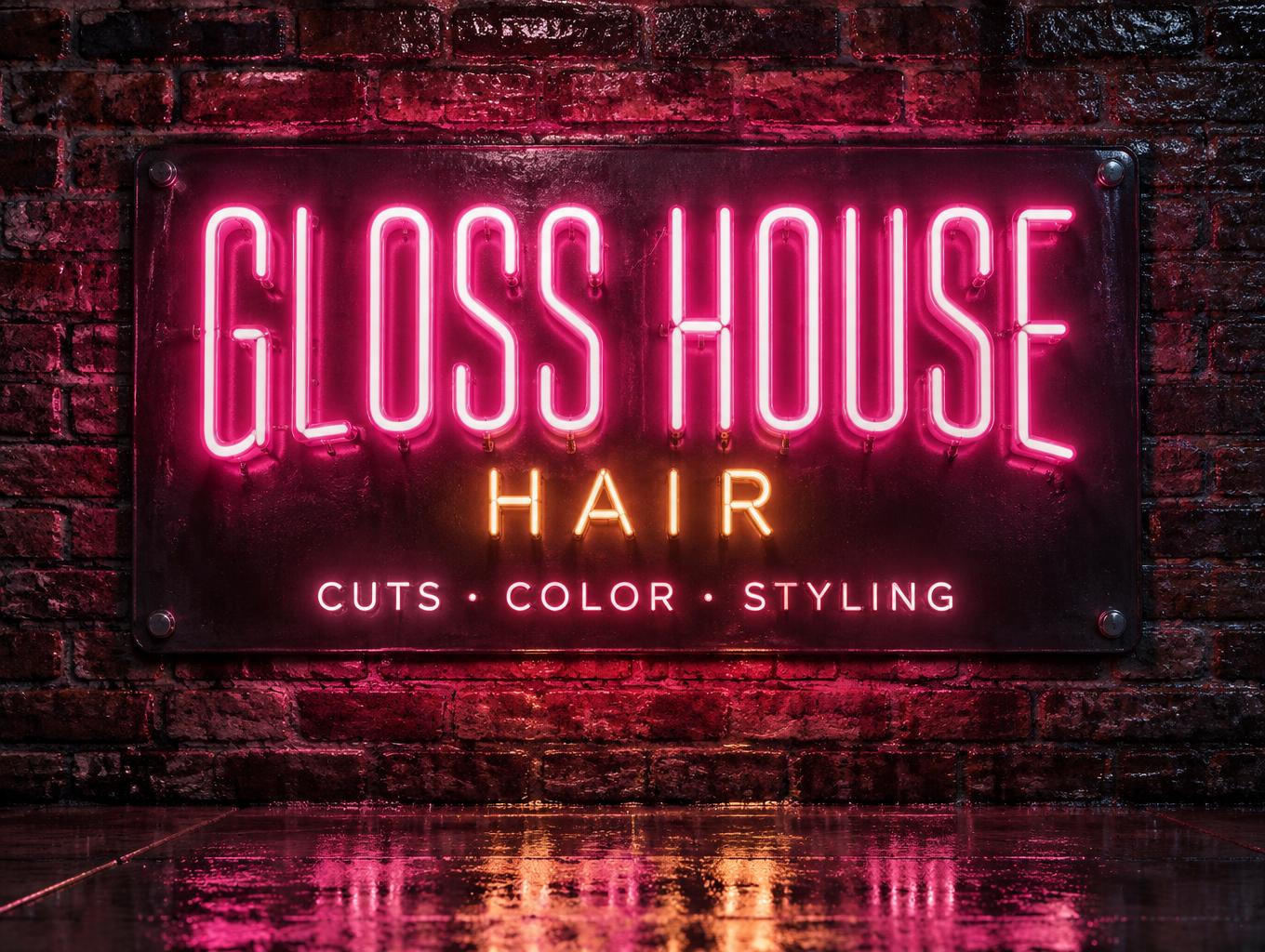 "GLOSS HOUSE
HAIR
CUTS · COLOR · STYLING" — Neon Sign | AI Text Effect Generator