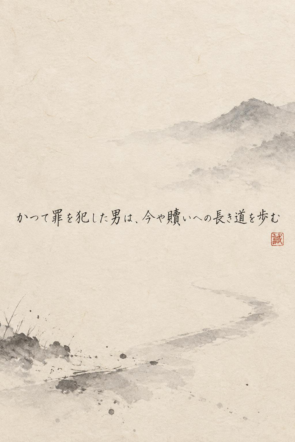 "かつて罪を犯した男は、今や贖いへの長き道を歩む" — Brush Japanese Ink | AI Text Effect Generator