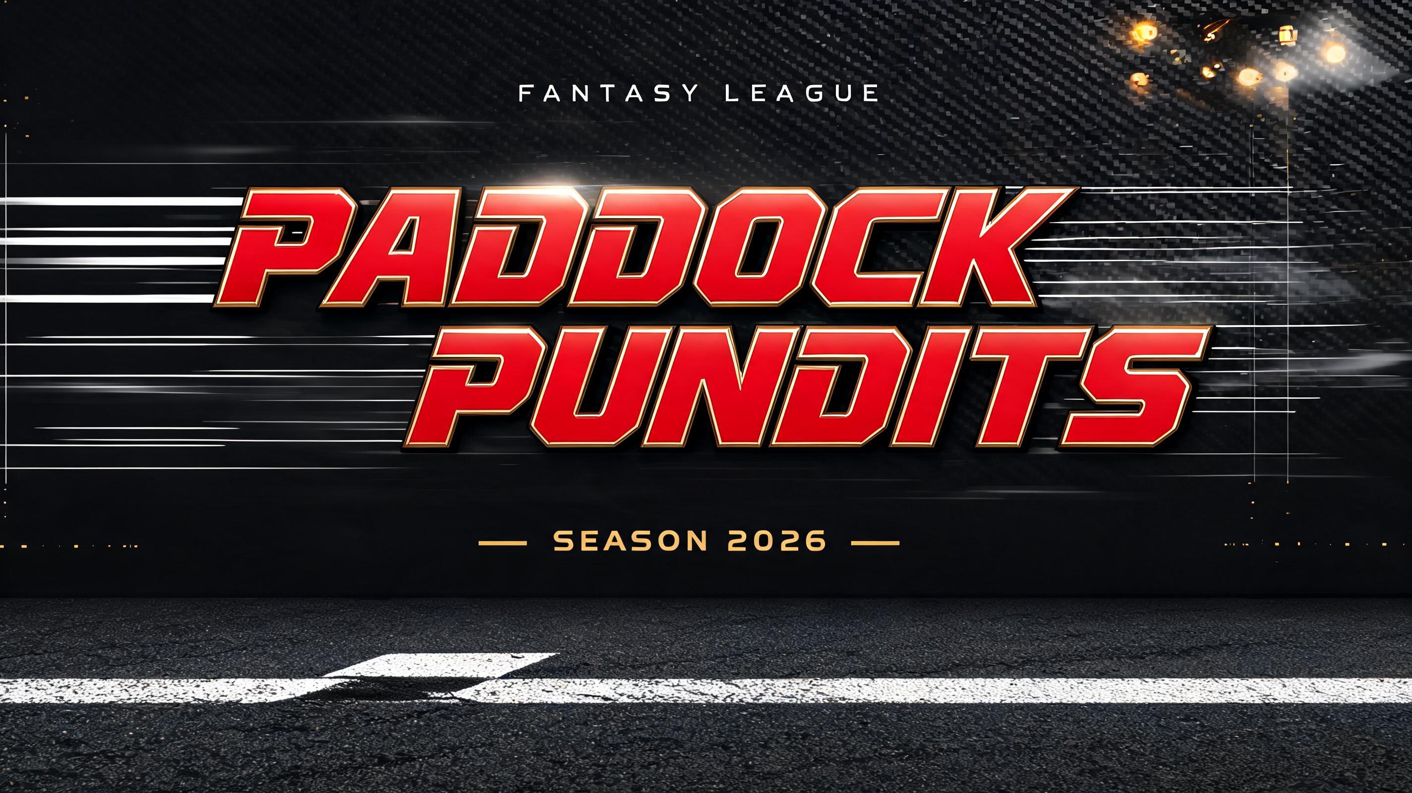 "PADDOCK
PUNDITS
FANTASY LEAGUE
SEASON 2026" — Racing | AI Text Effect Generator