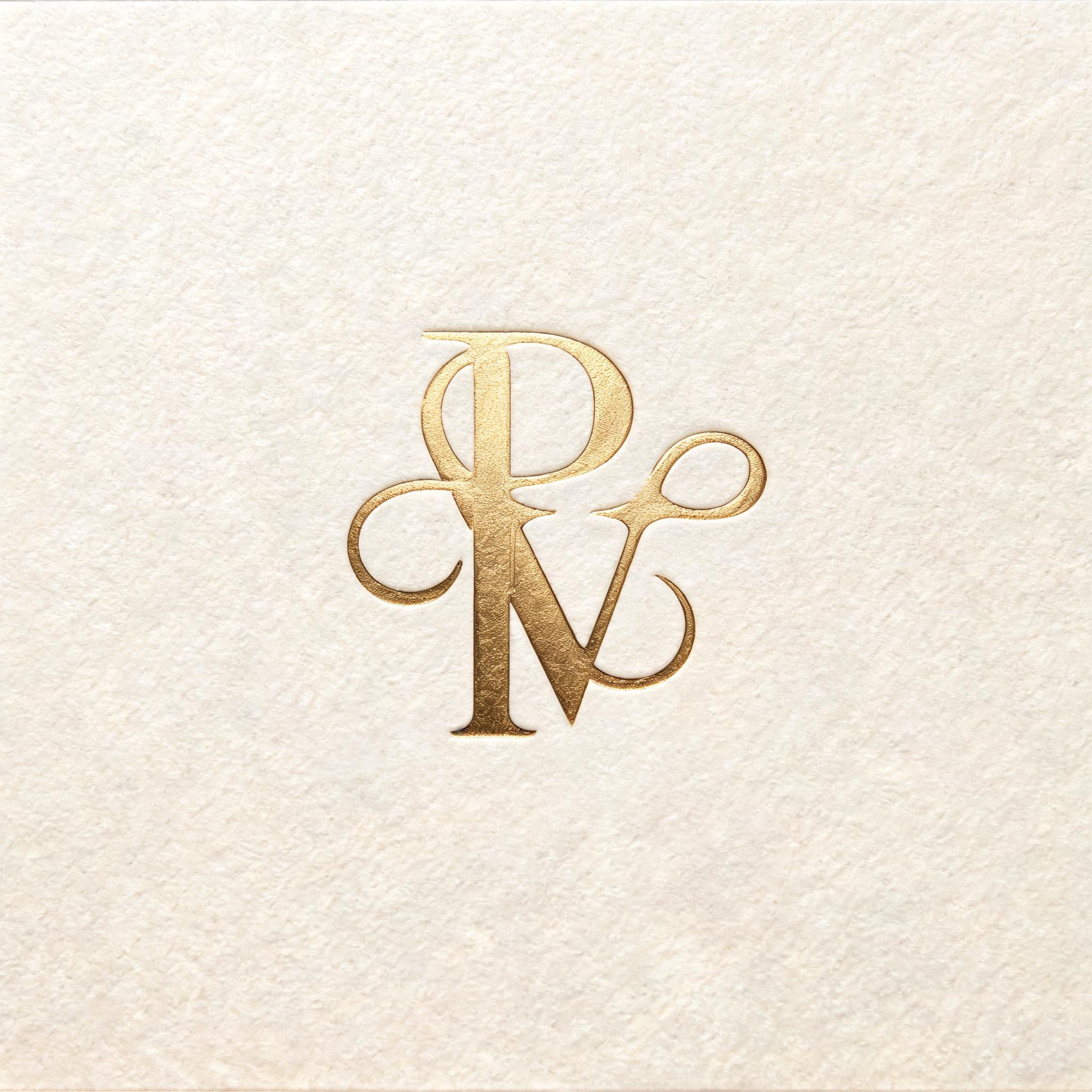 "PV" — elegant script text effect