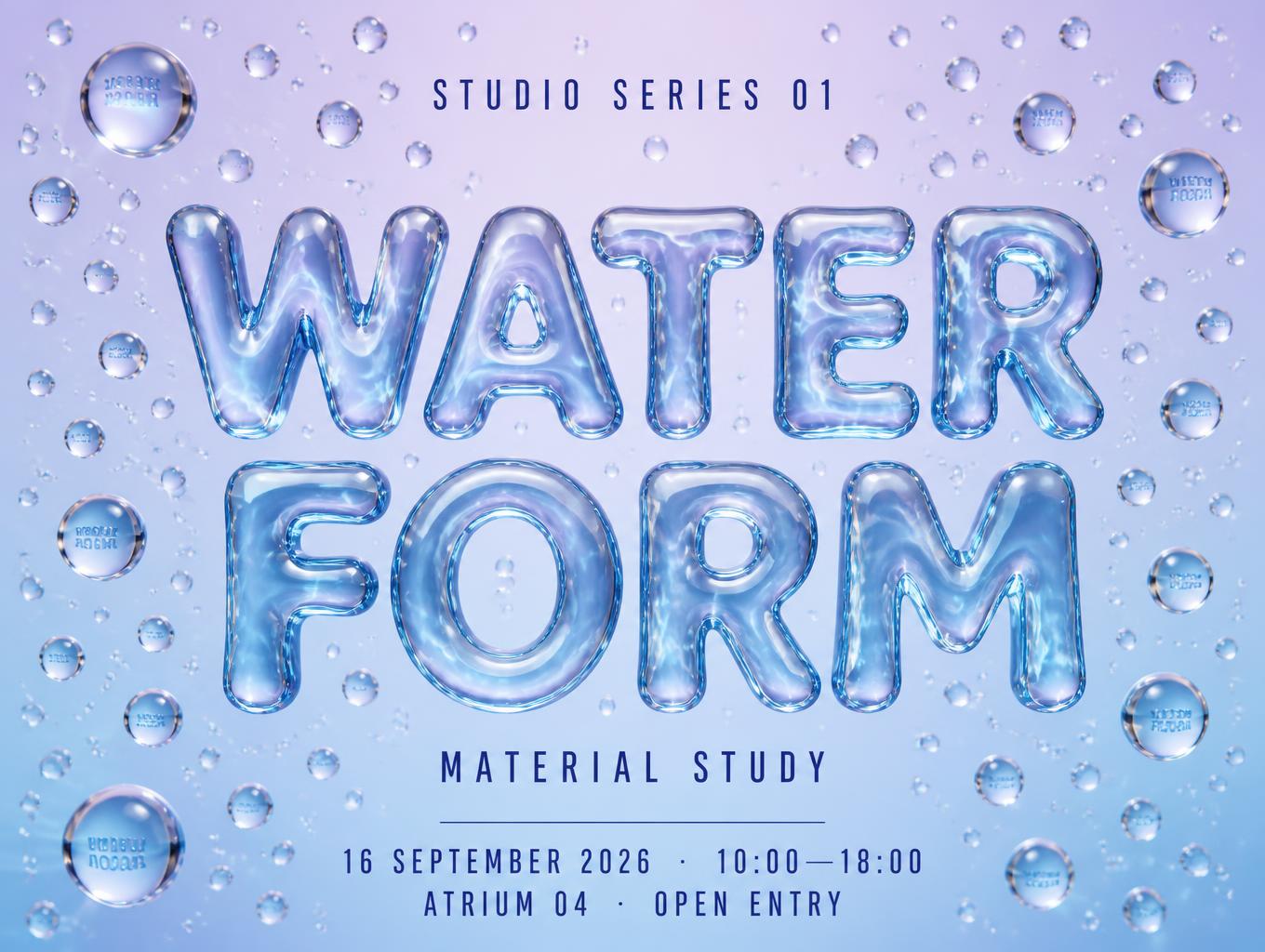"WATER
FORM
STUDIO SERIES 01
MATERIAL STUDY
16 SEPTEMBER 2026  ·  10:00—18:00
ATRIUM 04  ·  OPEN ENTRY" — Glass Liquid | AI Text Effect Generator