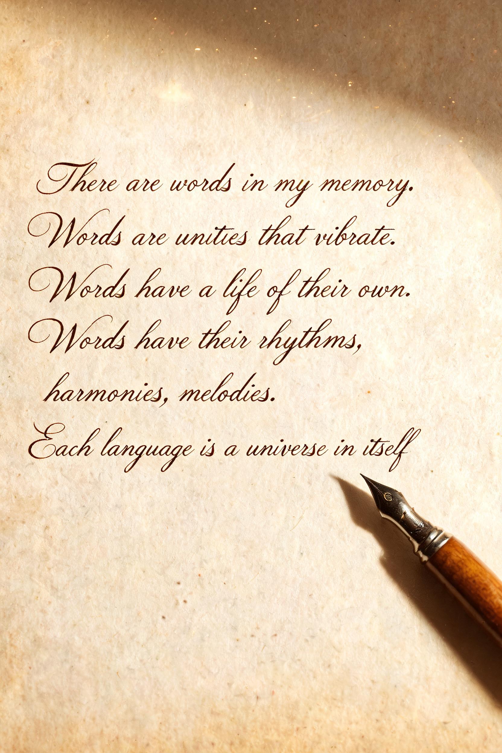 "There are words in my memory.
Words are unities that vibrate.
Words have a life of their own.
Words have their rhythms, harmonies, melodies.
Each language is a universe in itself." — Handwritten Script | AI Text Effect Generator