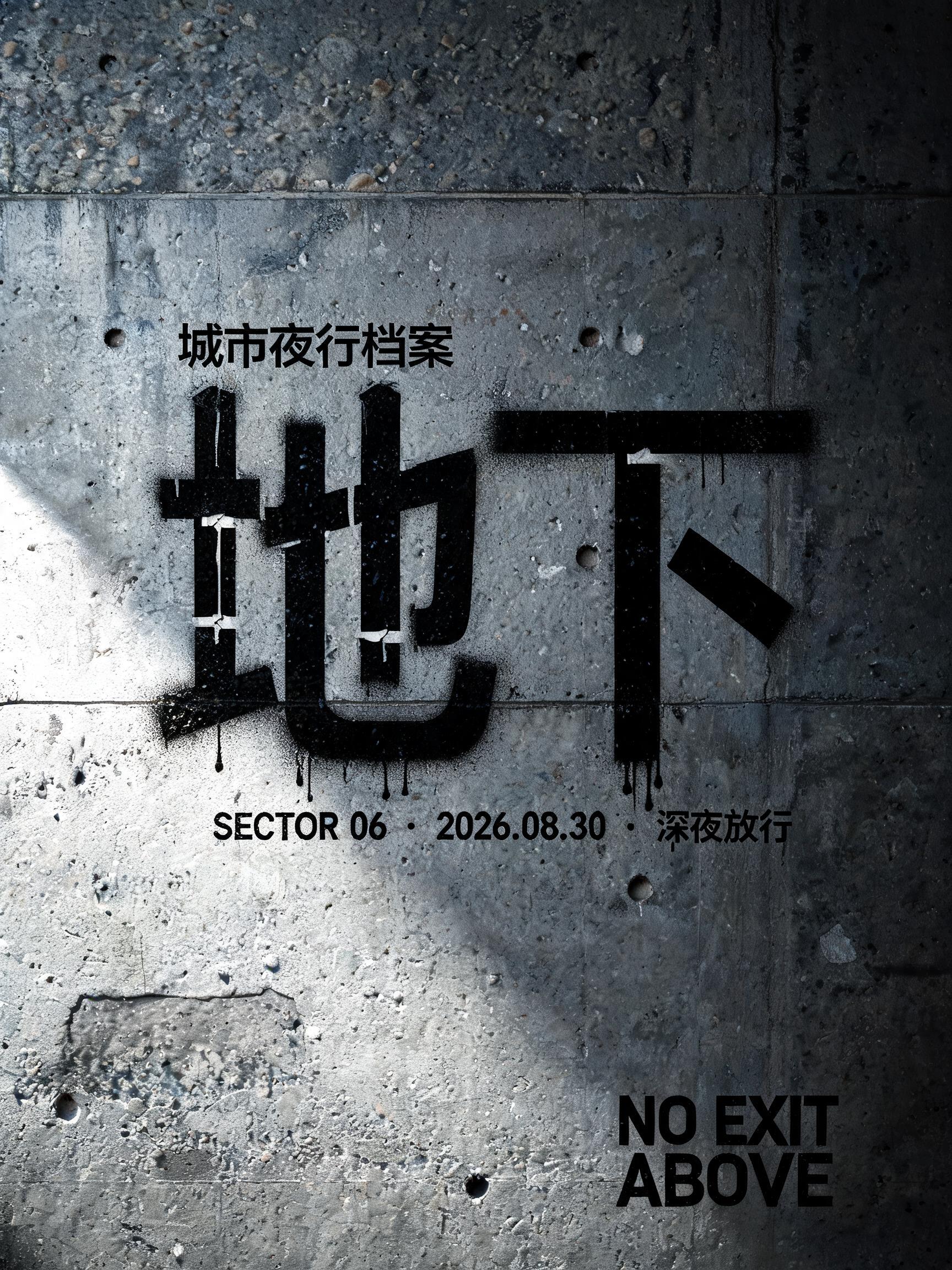 "地下
城市夜行档案
SECTOR 06  ·  2026.08.30  ·  深夜放行
NO EXIT ABOVE" — Stencil text effect