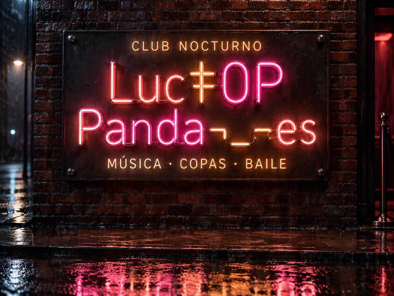 "LucŦ0PㅤPanda¬_¬es
CLUB NOCTURNO
MÚSICA · COPAS · BAILE" — Neon Sign | AI Text Effect Generator