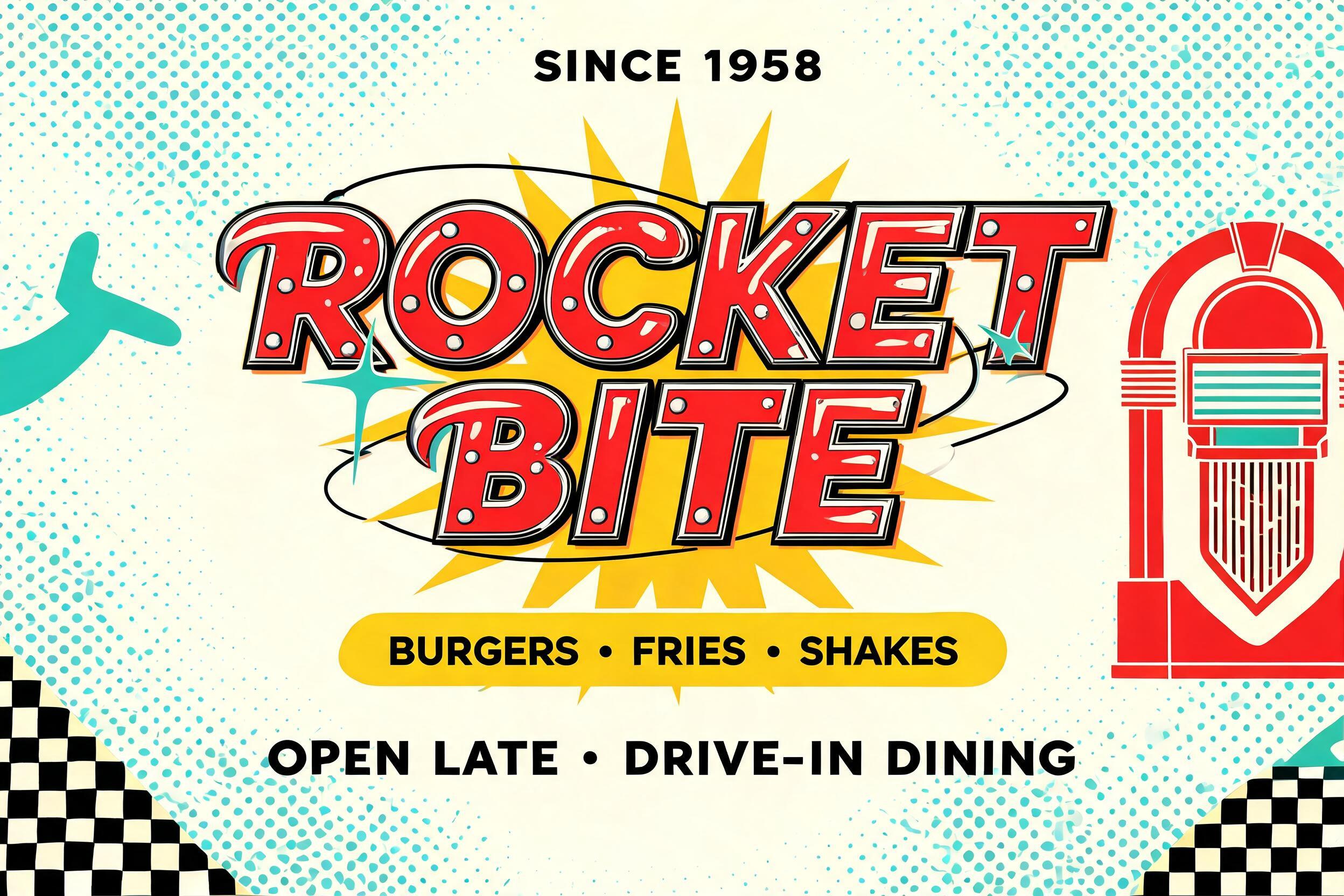 "ROCKET BITE
SINCE 1958
BURGERS • FRIES • SHAKES
OPEN LATE • DRIVE-IN DINING" — Retro Pop text effect