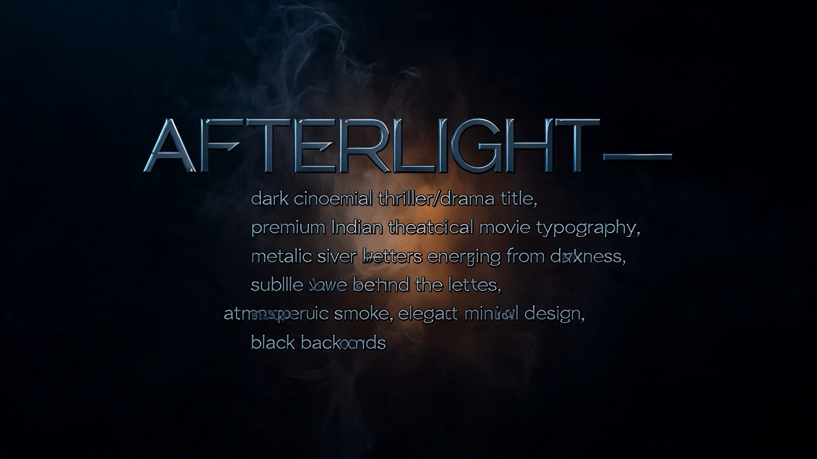 "AFTERLIGHT — dark cinematic thriller/drama title, premium Indian theatrical movie typography, metallic silver letters emerging from darkness, subtle warm glow behind the letters, atmospheric smoke, elegant minimal design, black backgrouns" —  | AI Text Effect Generator